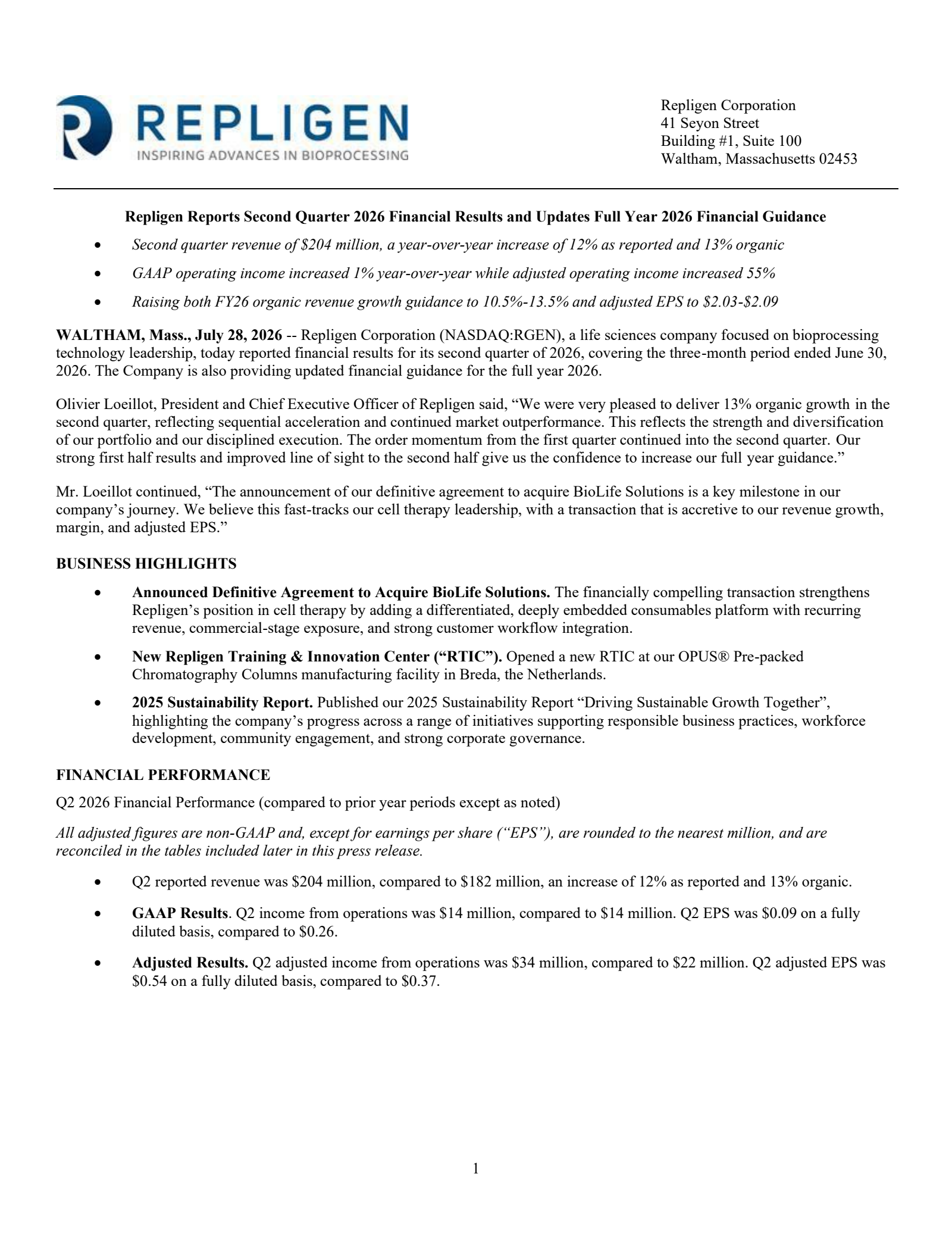 Repligen's Q2 2026 Press Release