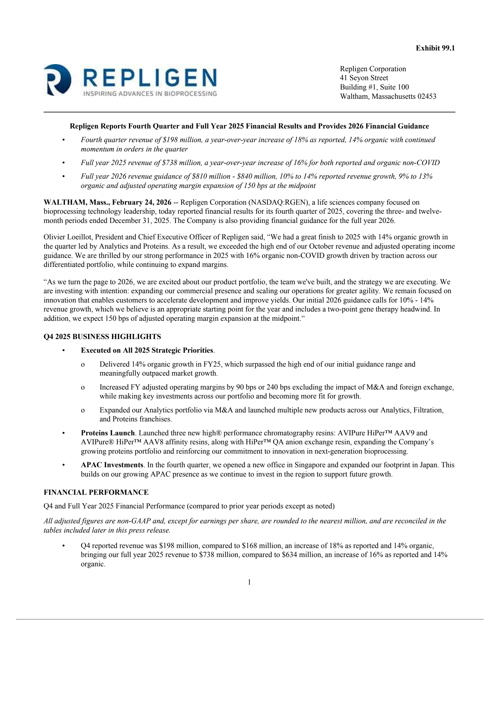 Repligen's Q4 2025 Press Release