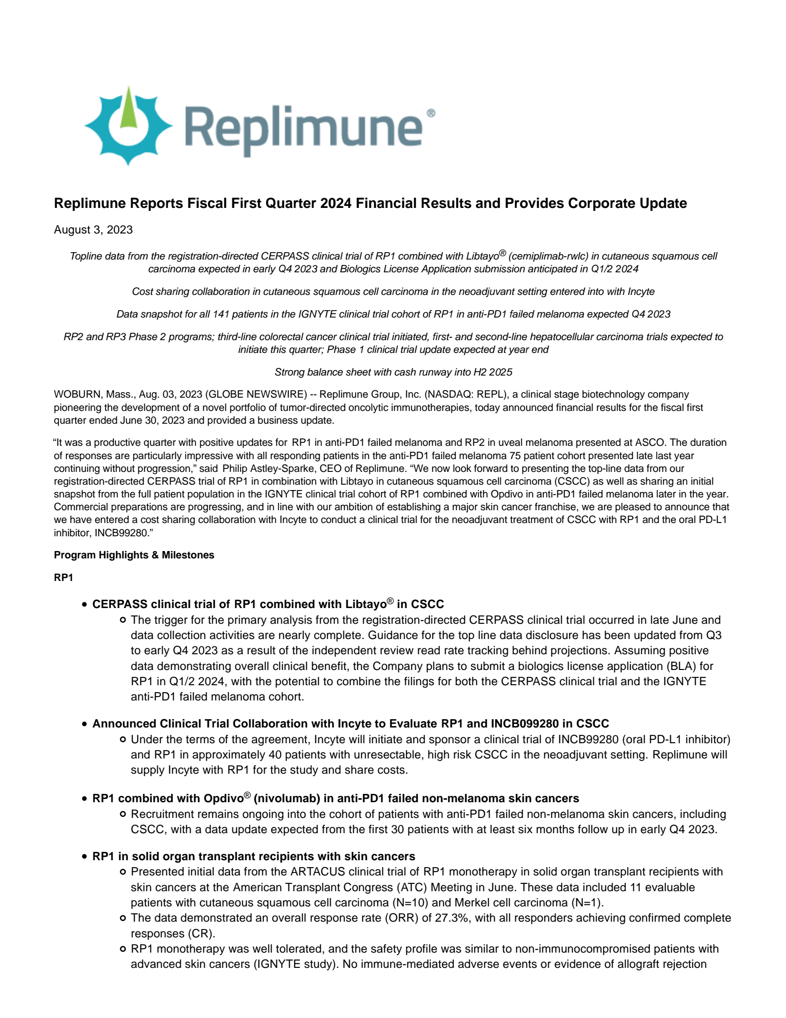 Replimune Group's Q1 2024 Press Release