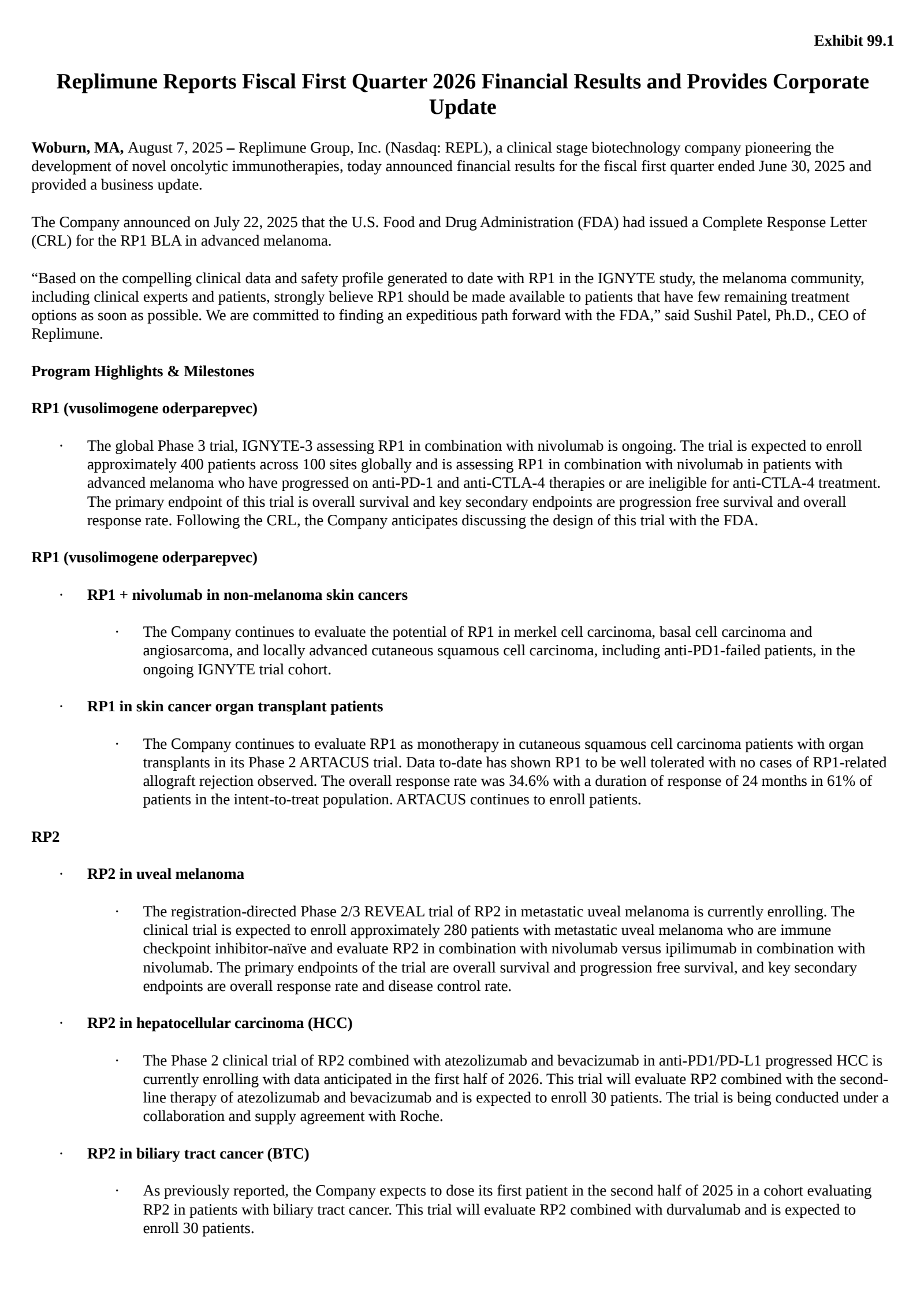 Replimune Group's Q1 2026 Press Release
