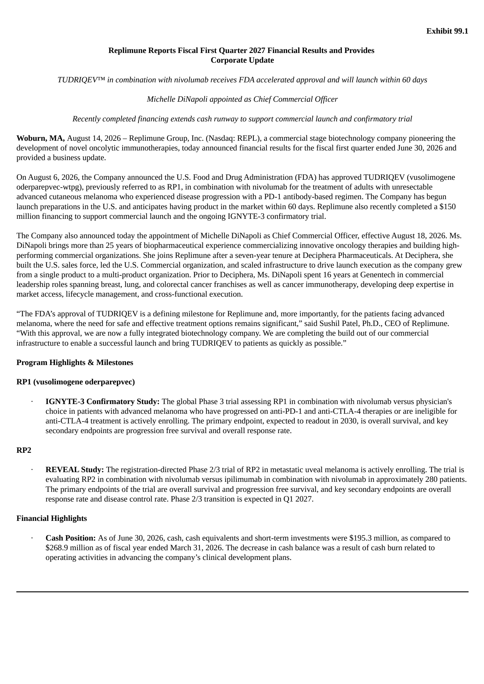 Replimune Group's Q1 2027 Press Release
