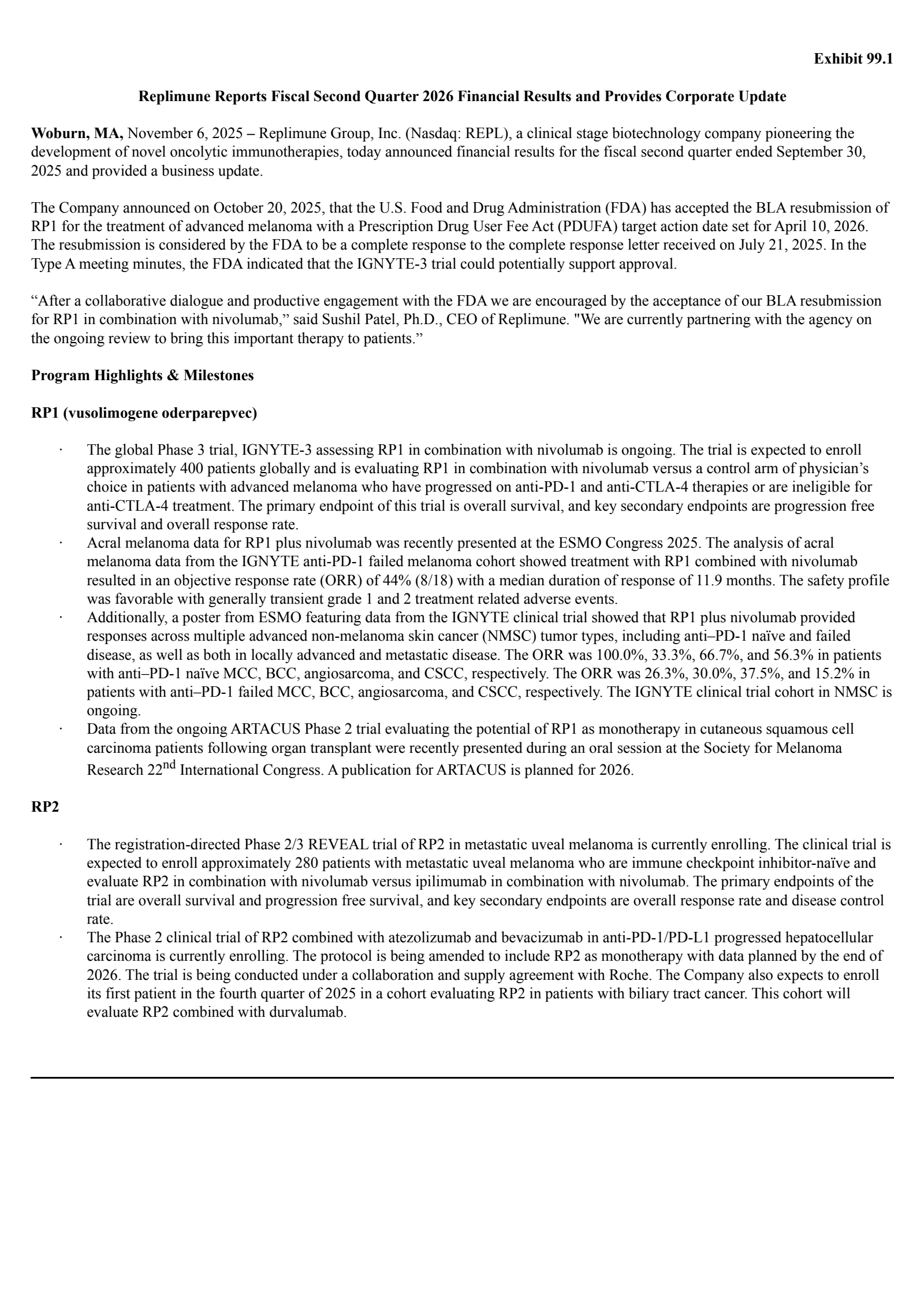 Replimune Group's Q2 2026 Earnings Release