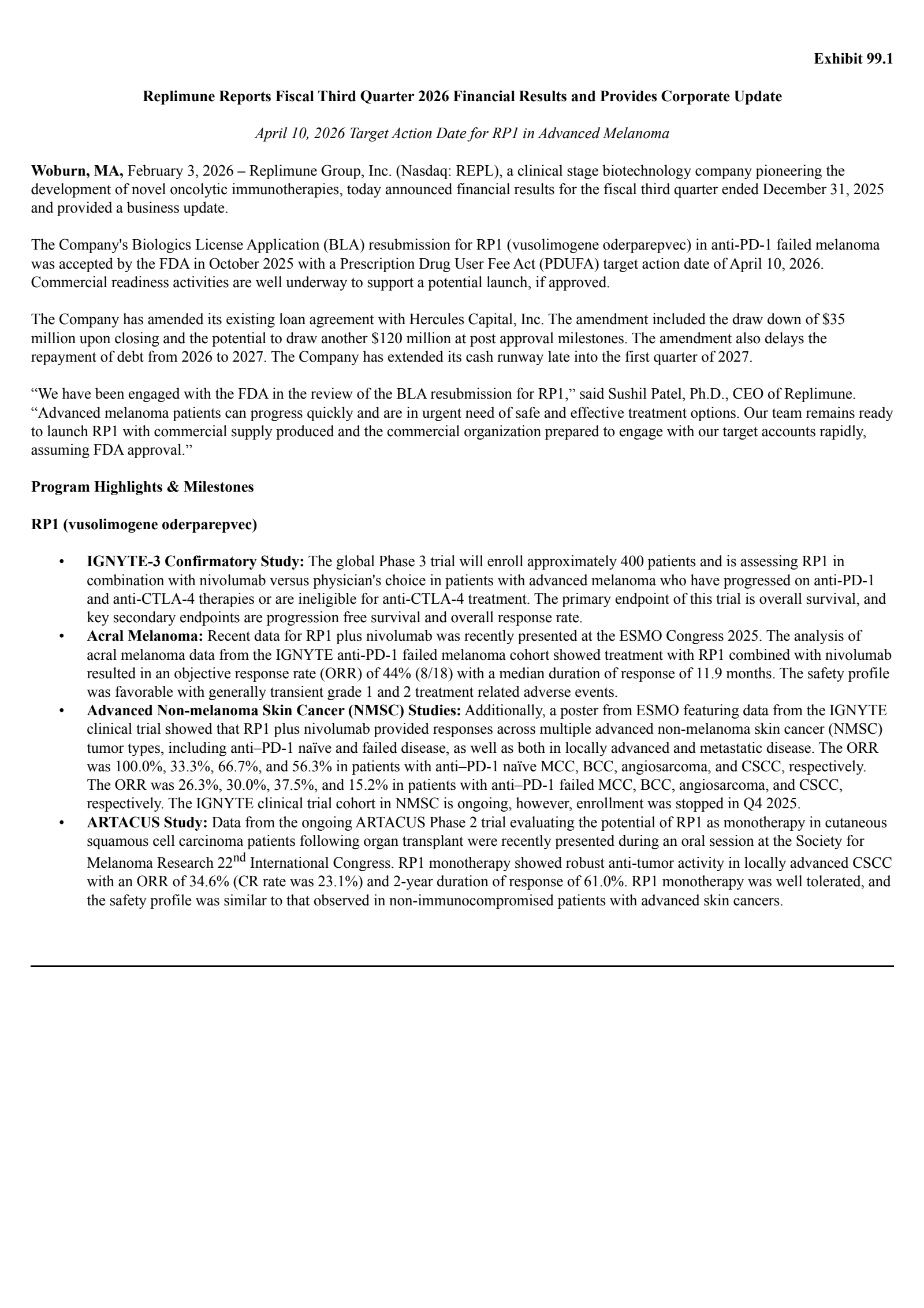 Replimune Group's Q3 2026 Press Release
