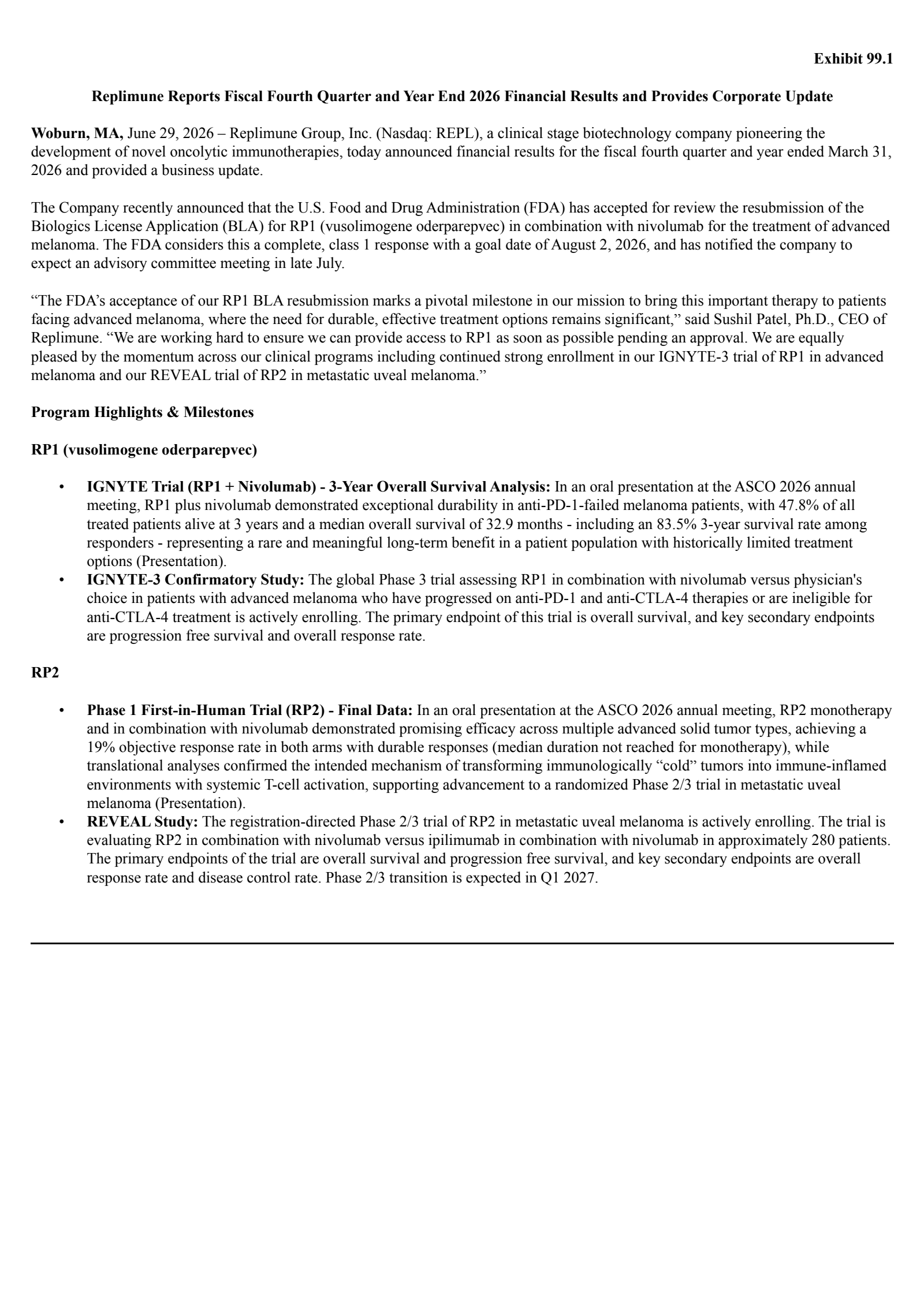 Replimune Group's Q4 2026 Press Release