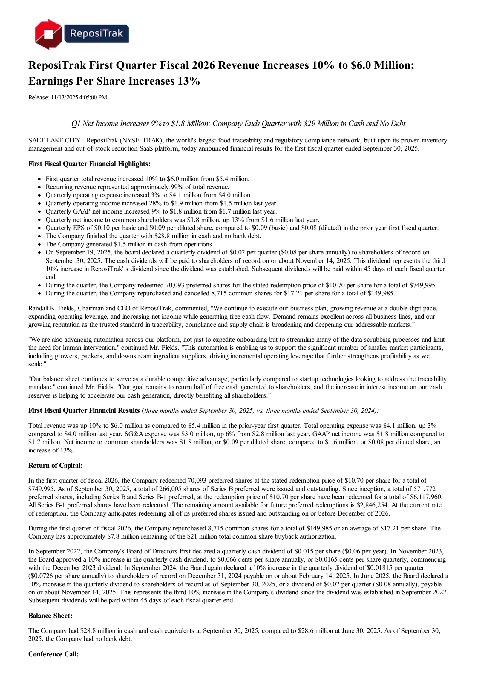 ReposiTrak's Q1 2026 Earnings Release