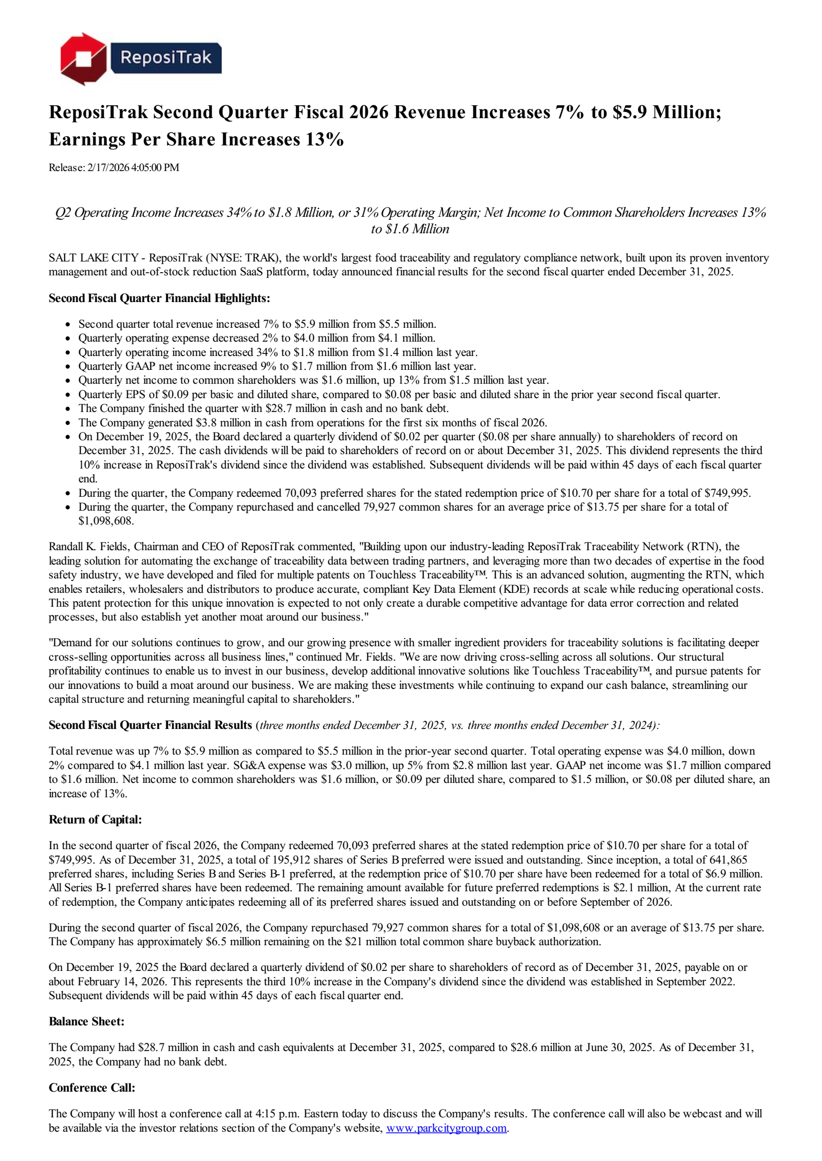 ReposiTrak's Q2 2026 Press Release