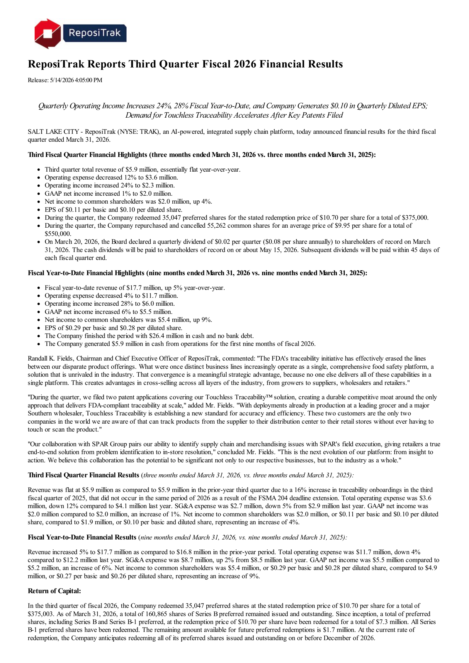 ReposiTrak's Q3 2026 Press Release
