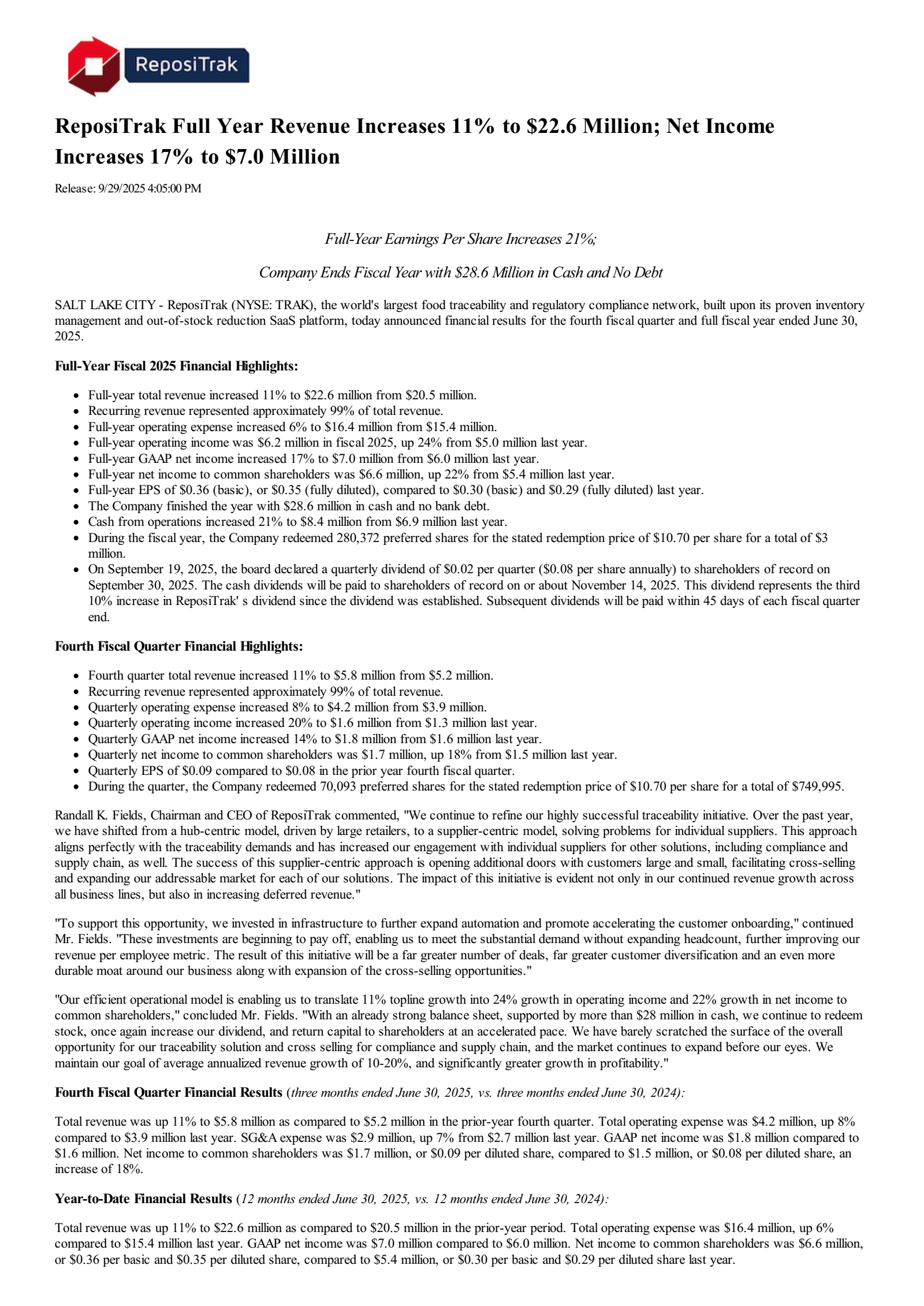 ReposiTrak's Q4 2025 Earnings Release