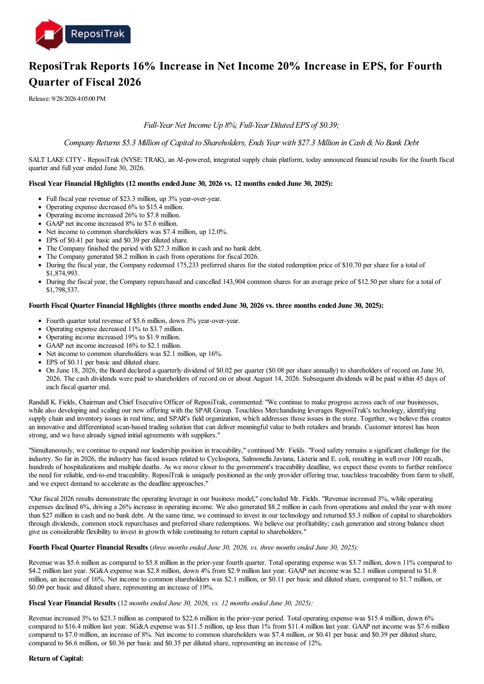 ReposiTrak's Q4 2026 Press Release