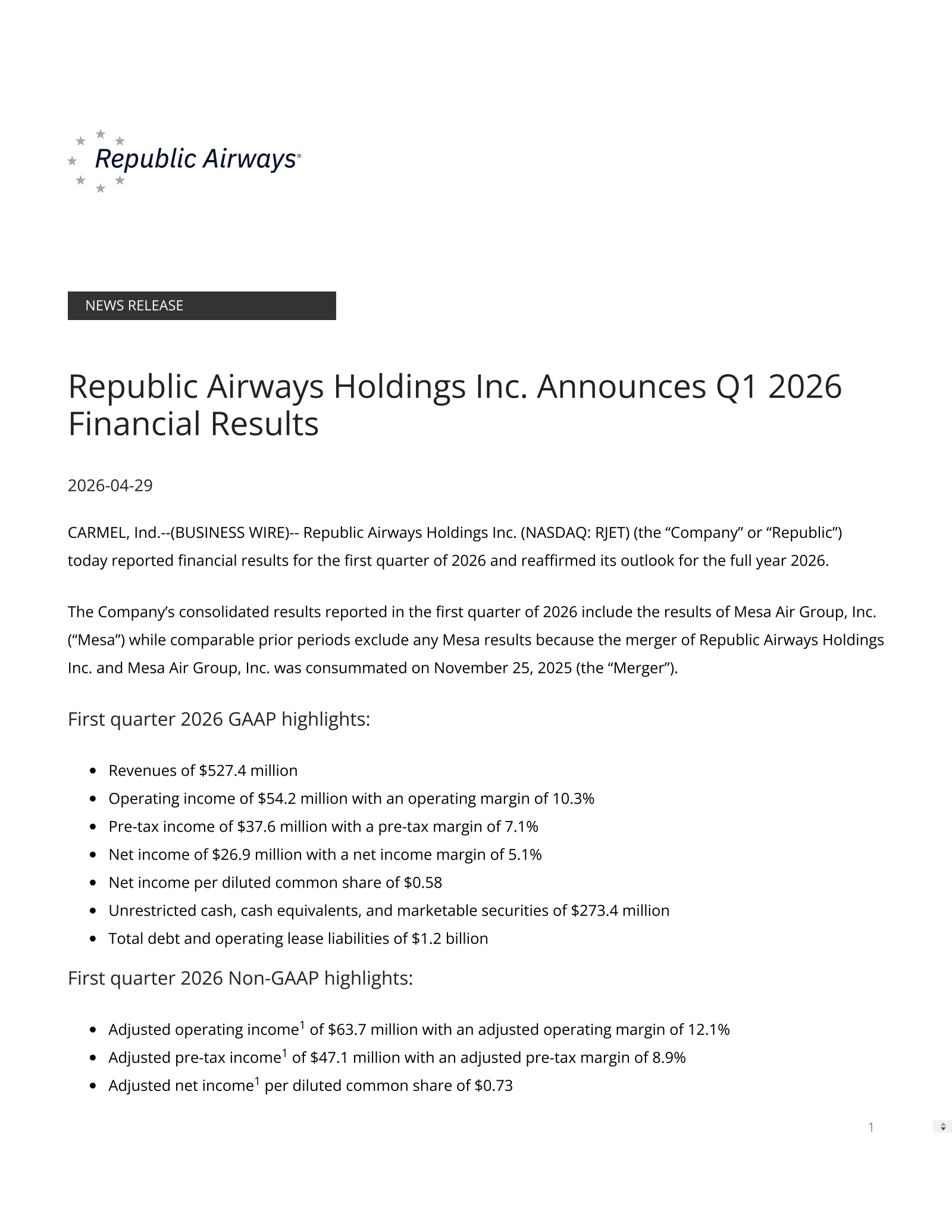 Mesa Air Group's Q1 2026 Press Release
