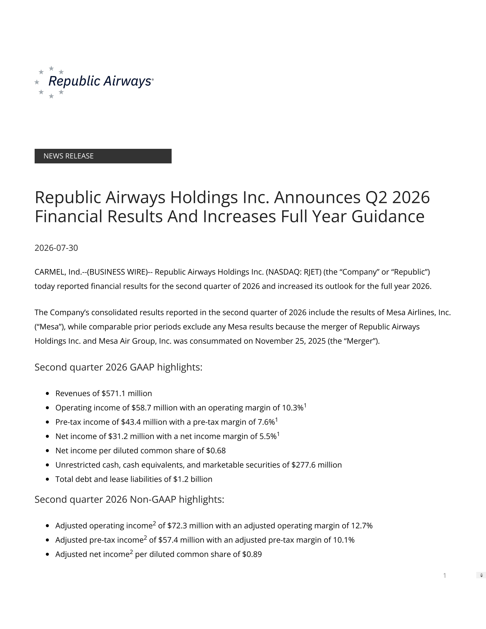 Mesa Air Group's Q2 2026 Press Release