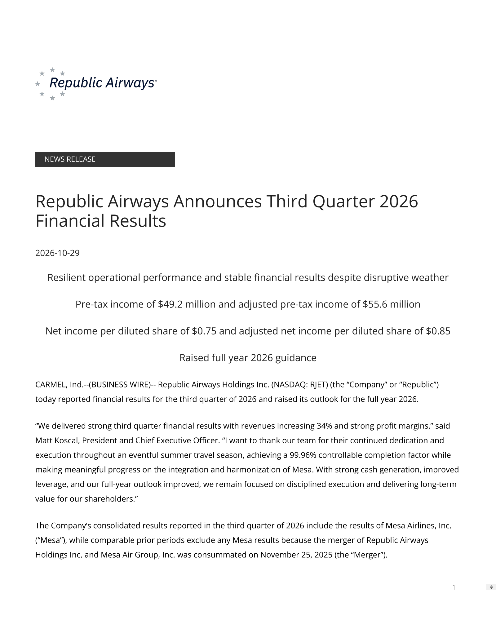 Mesa Air Group's Q3 2026 Press Release