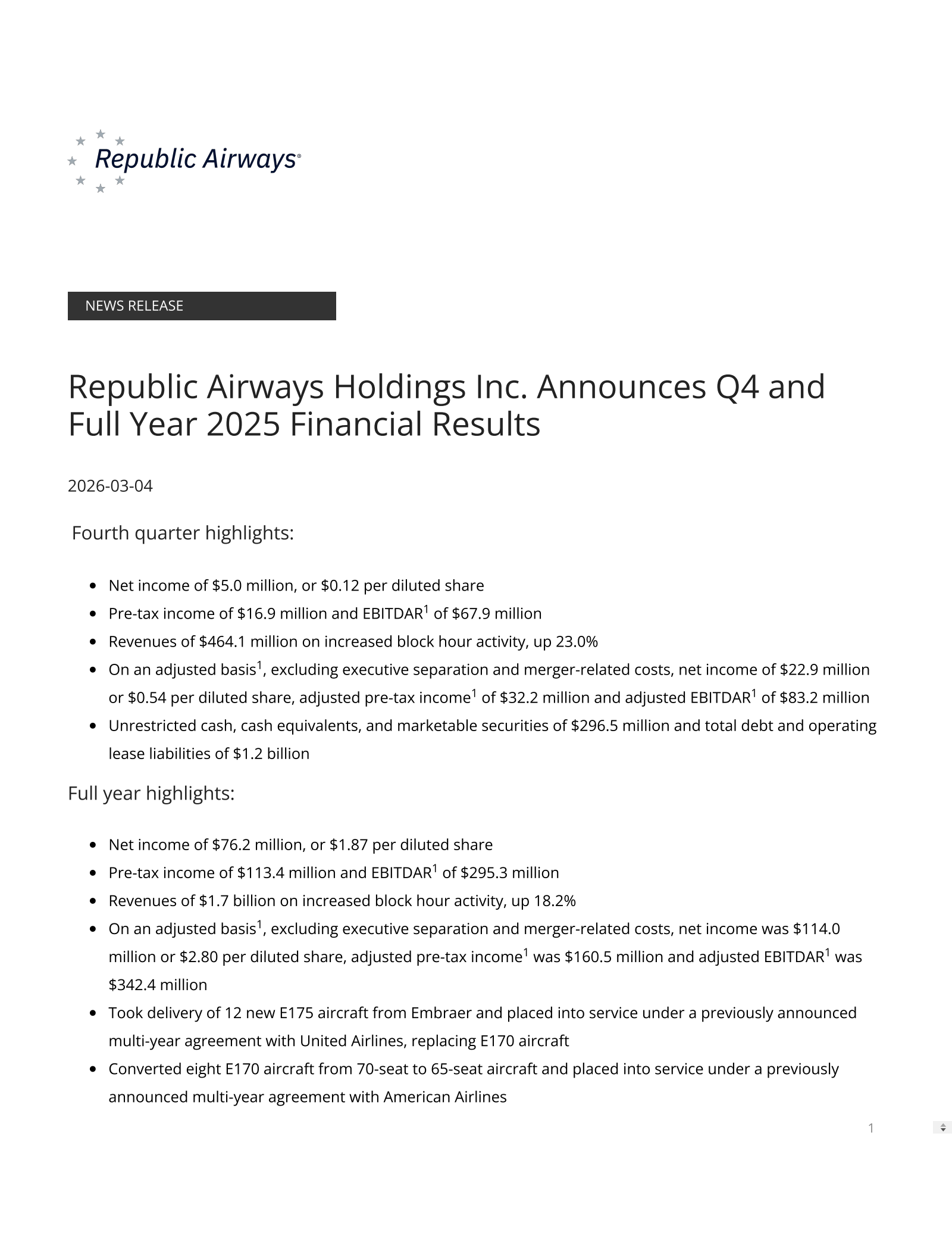 Mesa Air Group's Q4 2025 Press Release