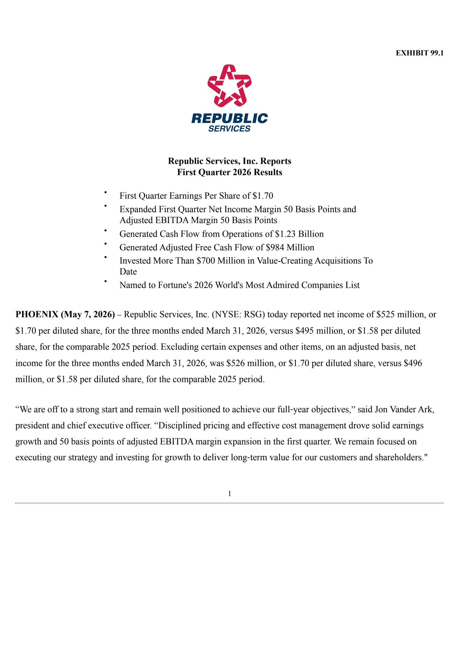 Republic Services' Q1 2026 Press Release