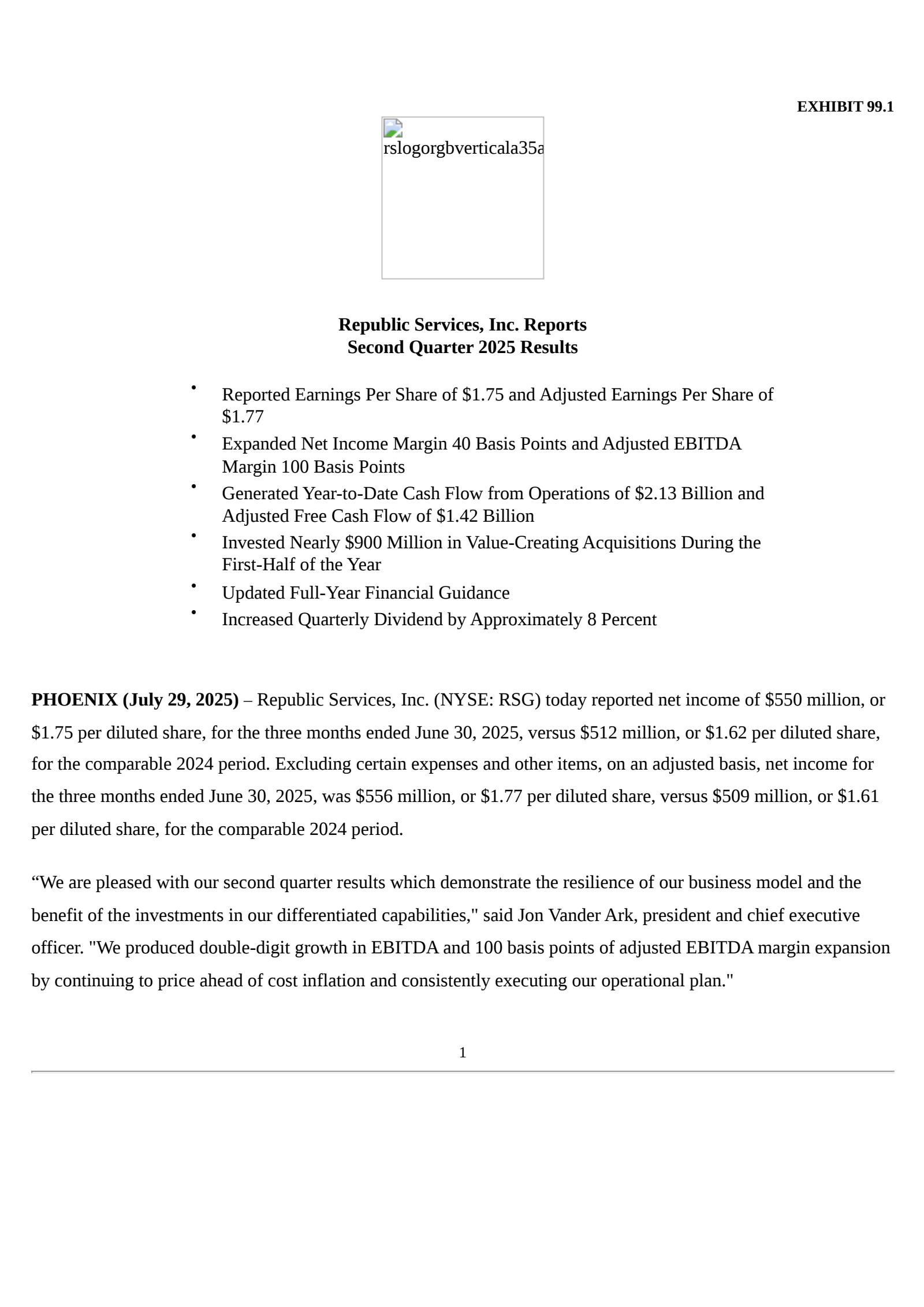 Republic Services' Q2 2025 Press Release