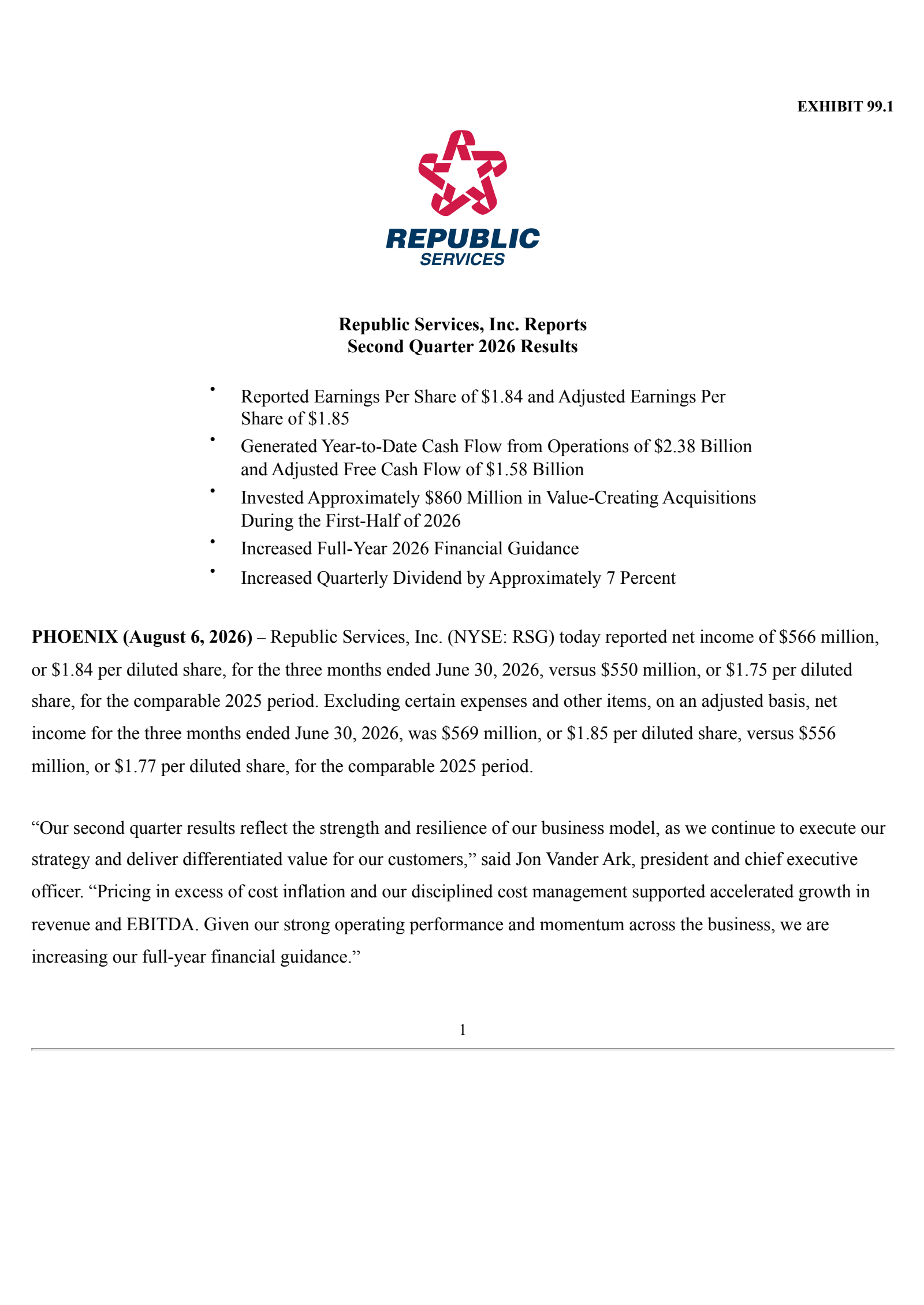 Republic Services' Q2 2026 Press Release