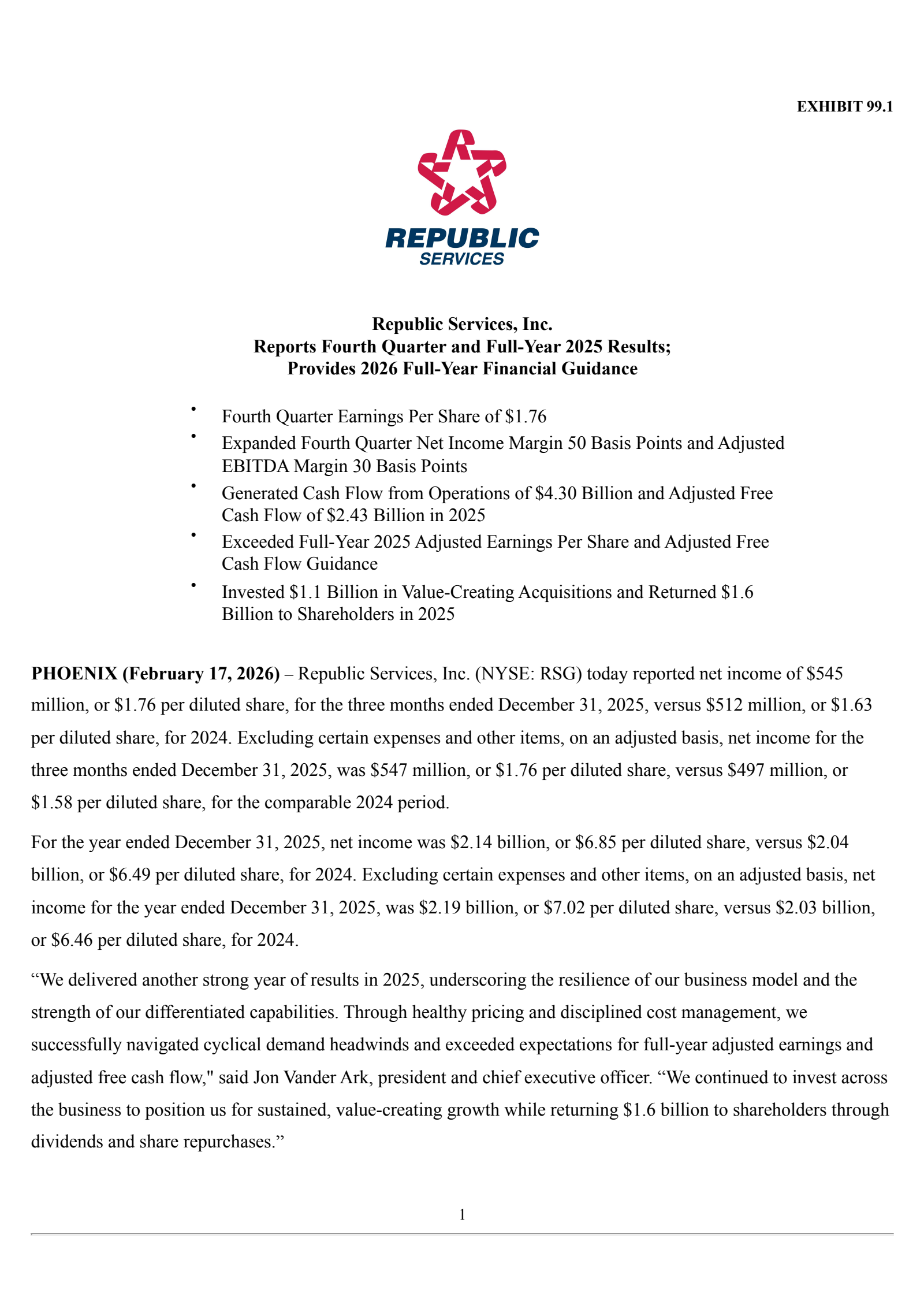 Republic Services' Q4 2025 Press Release