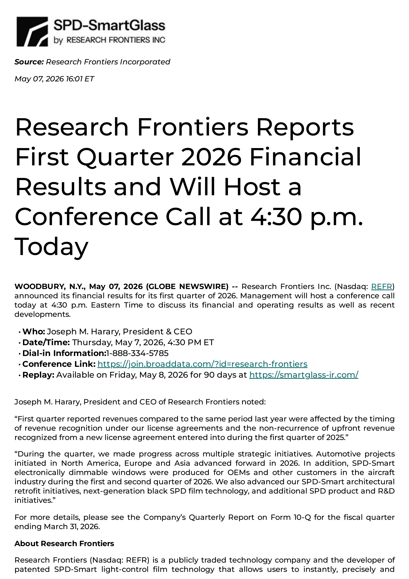 Research Frontiers' Q1 2026 Press Release