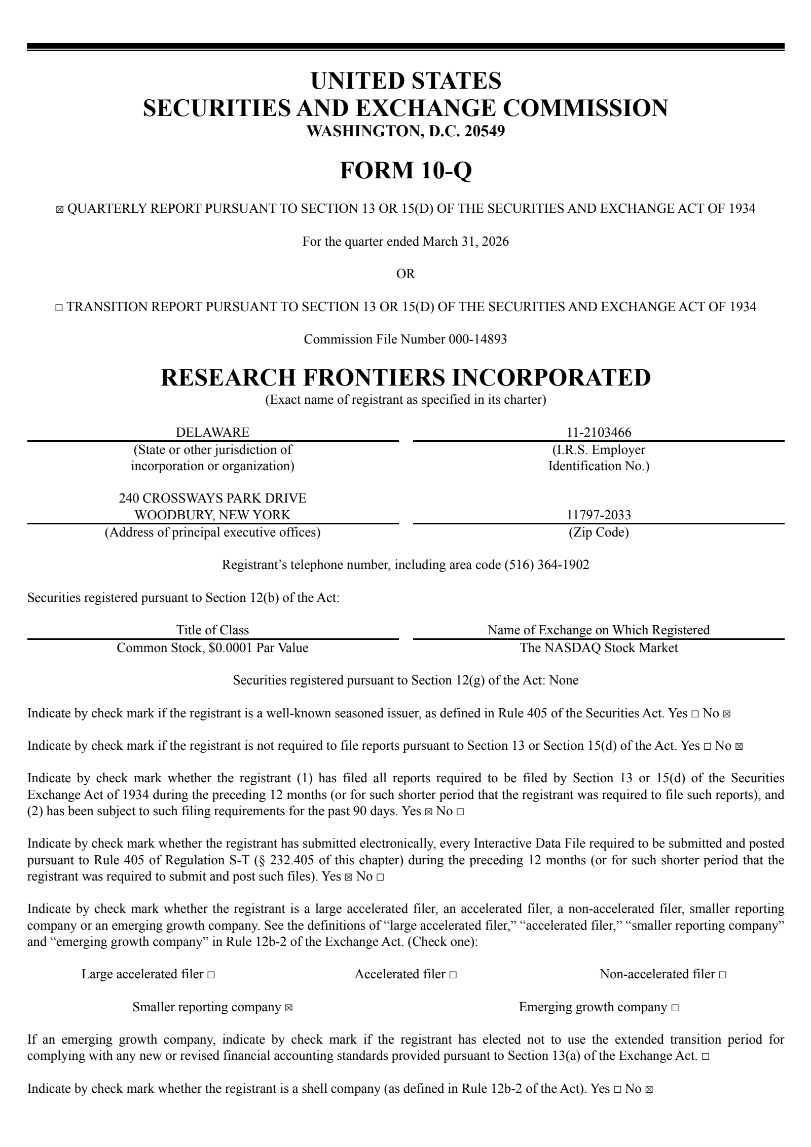 Research Frontiers' Q1 2026 Quarterly report