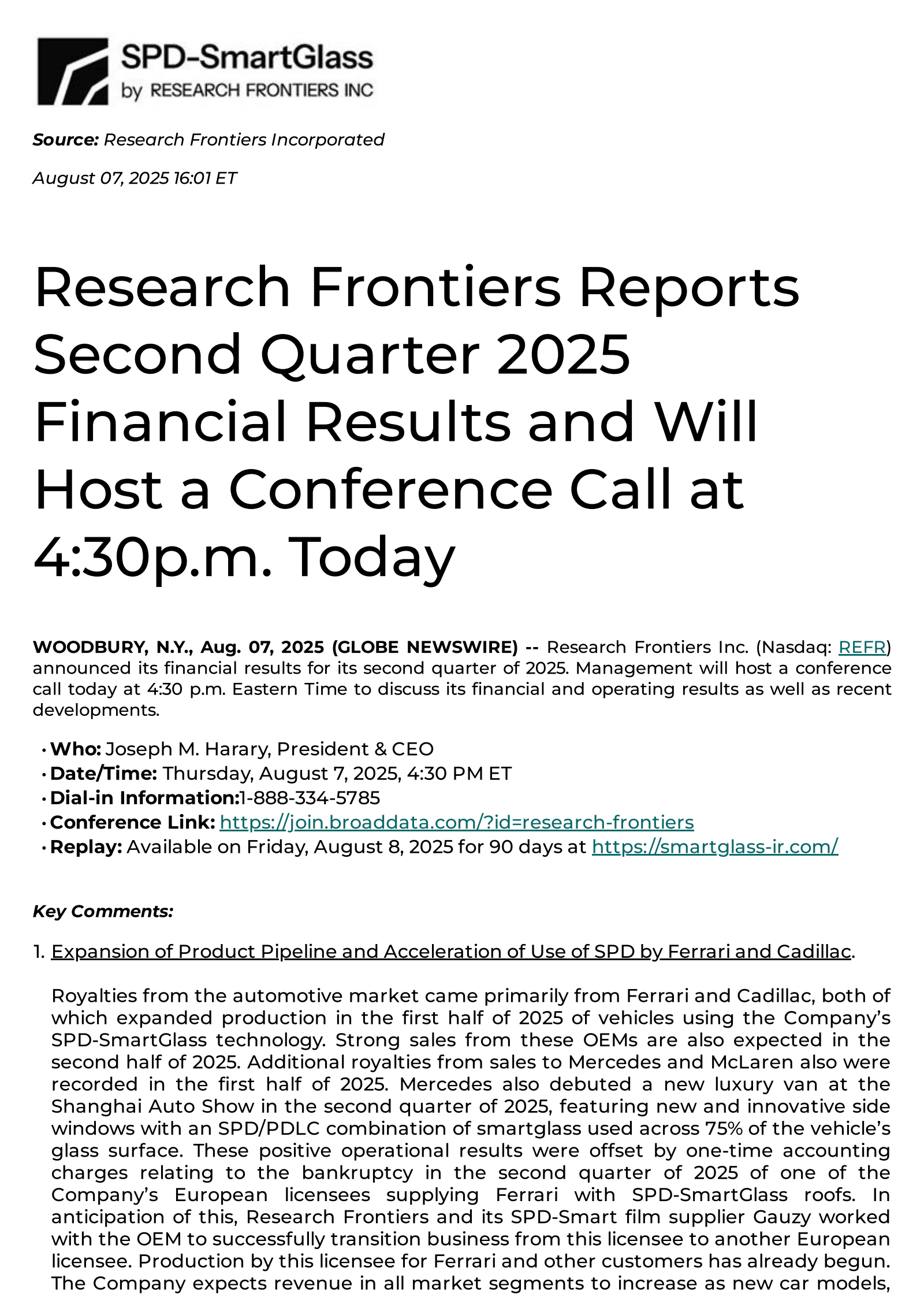 Research Frontiers' Q2 2025 Press Release