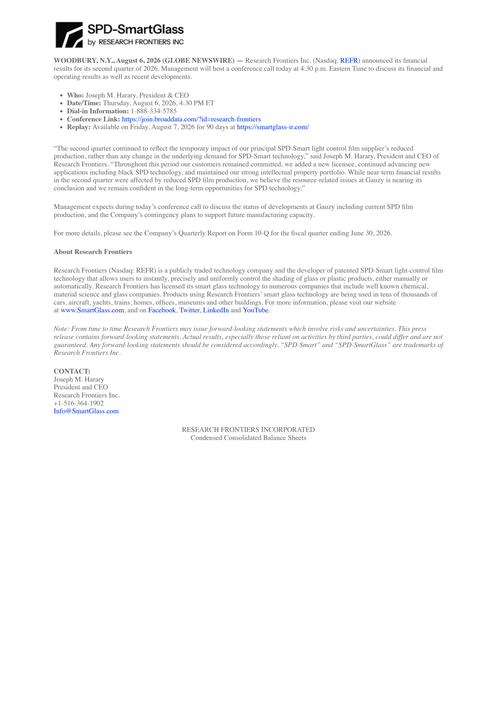 Research Frontiers' Q2 2026 Press Release