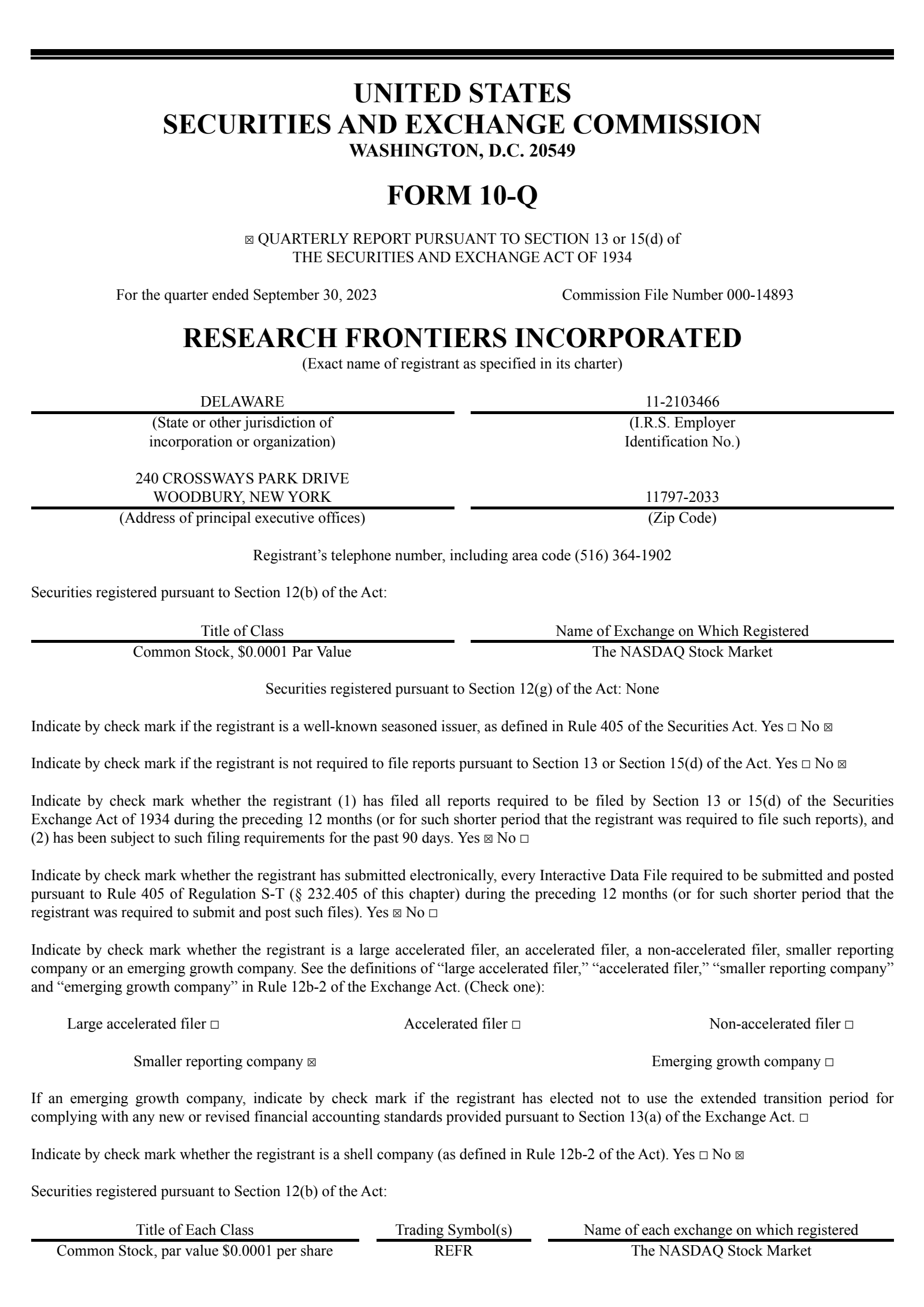 Research Frontiers' Q3 2023 Quarterly report