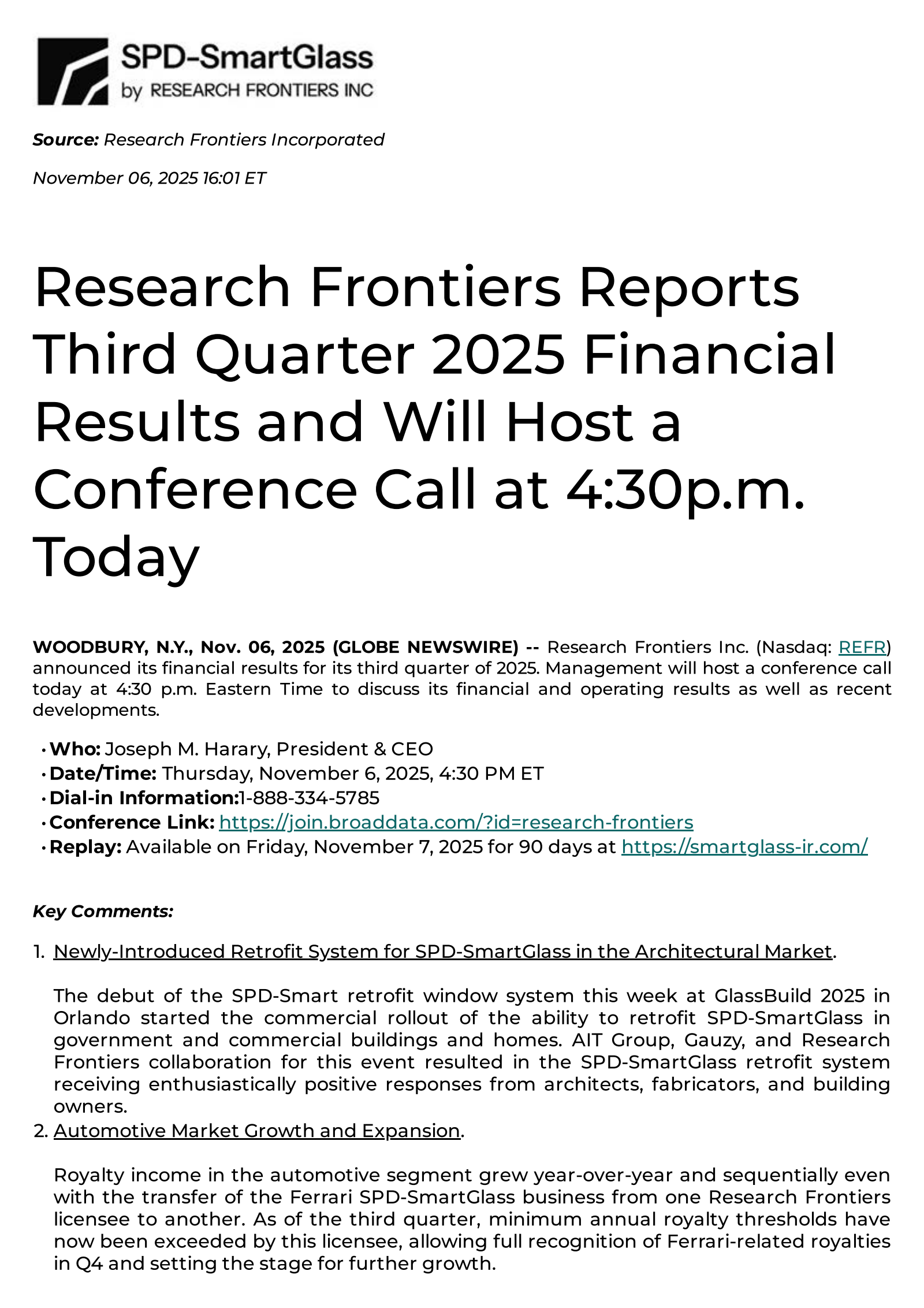 Research Frontiers' Q3 2025 Earnings Release