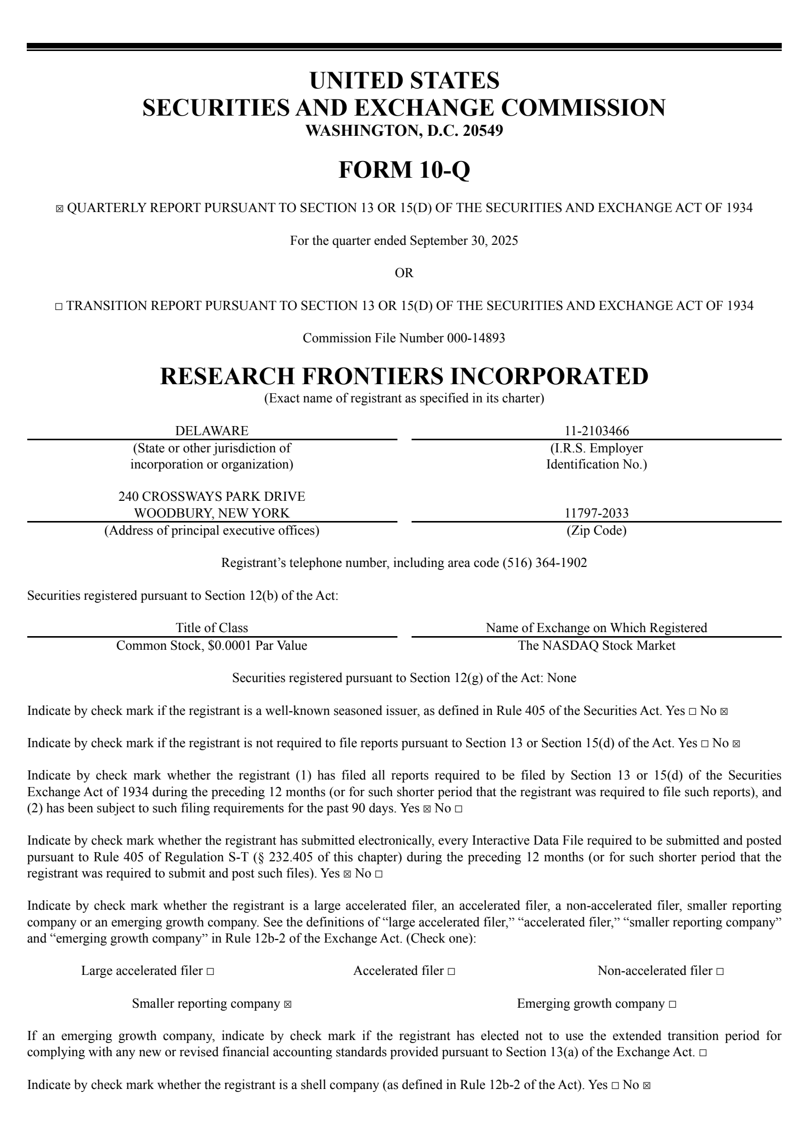 Research Frontiers' Q3 2025 Quarterly Report