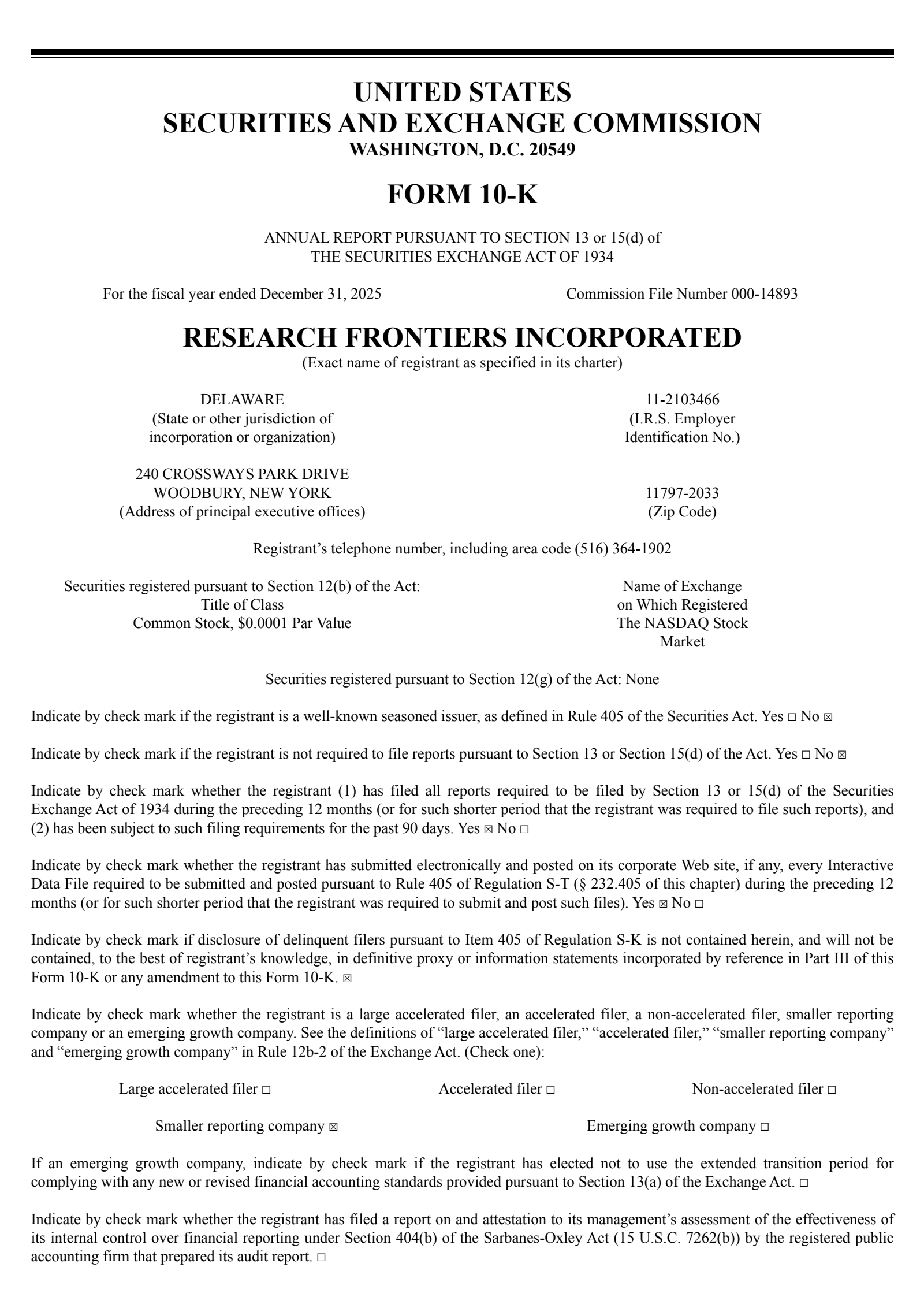 Research Frontiers' Q4 2025 Annual report