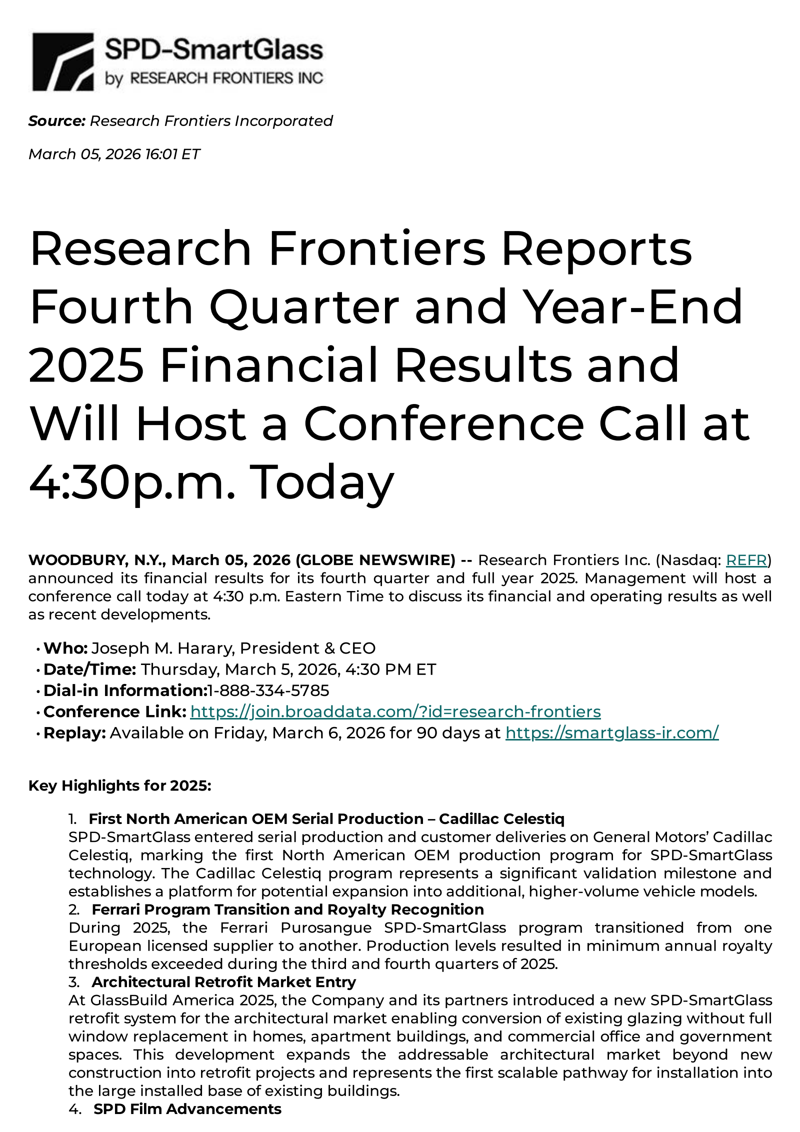 Research Frontiers' Q4 2025 Press Release