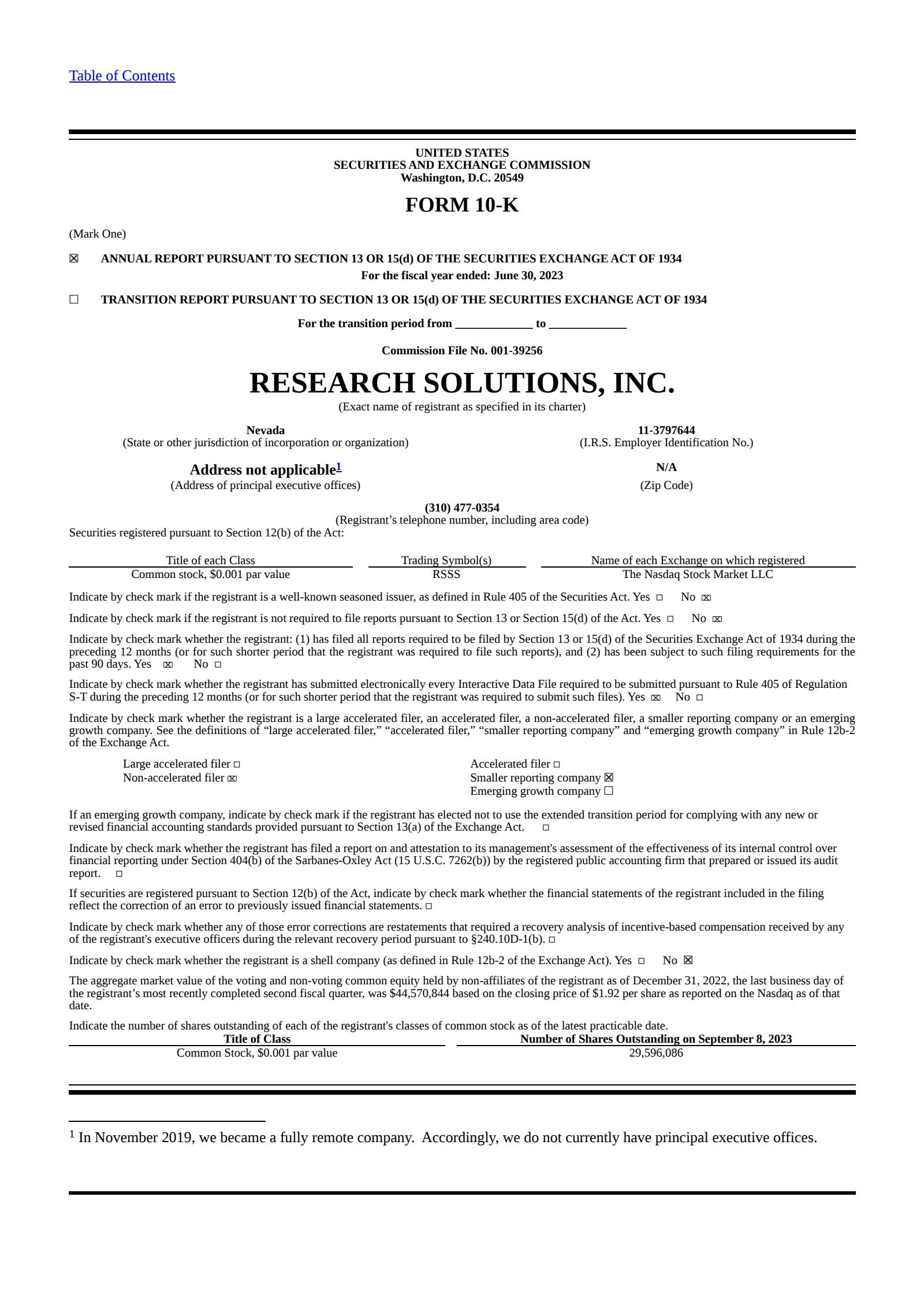 Research Solutions' Q4 2023 Annual report