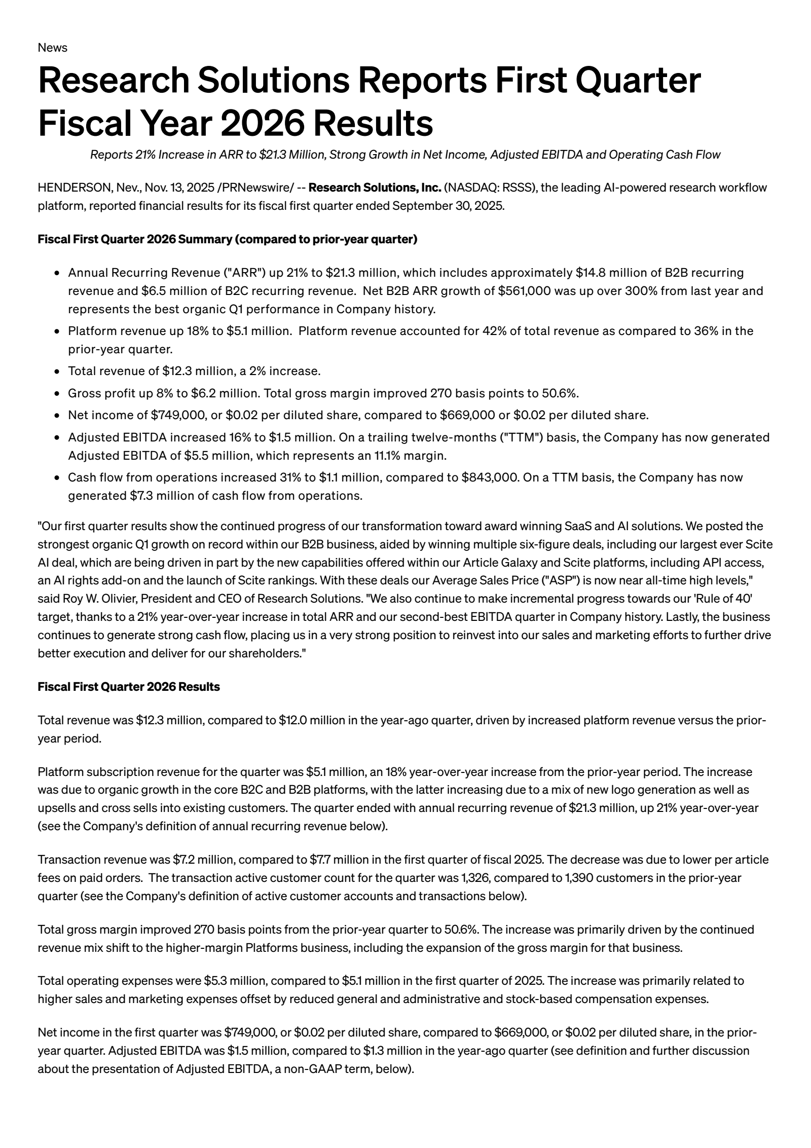 Research Solutions' Q1 2026 Earnings Release