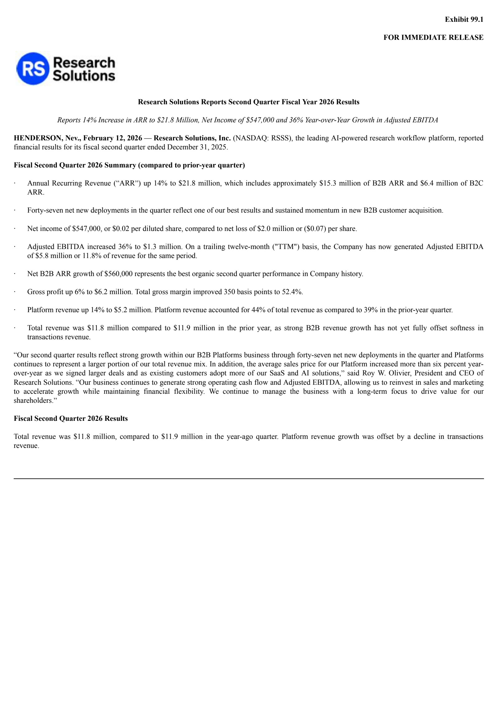 Research Solutions' Q2 2026 Press Release