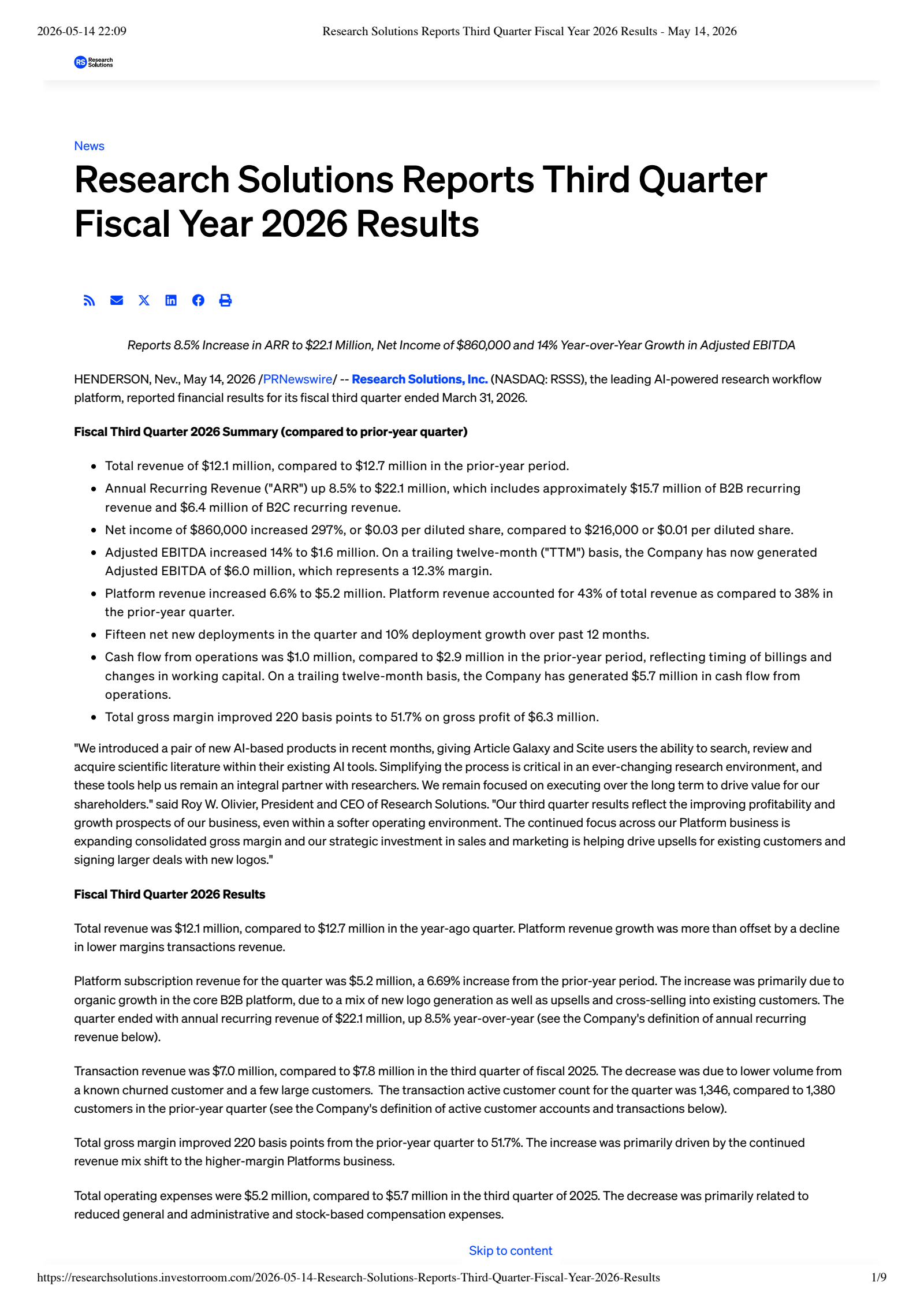 Research Solutions' Q3 2026 Press Release