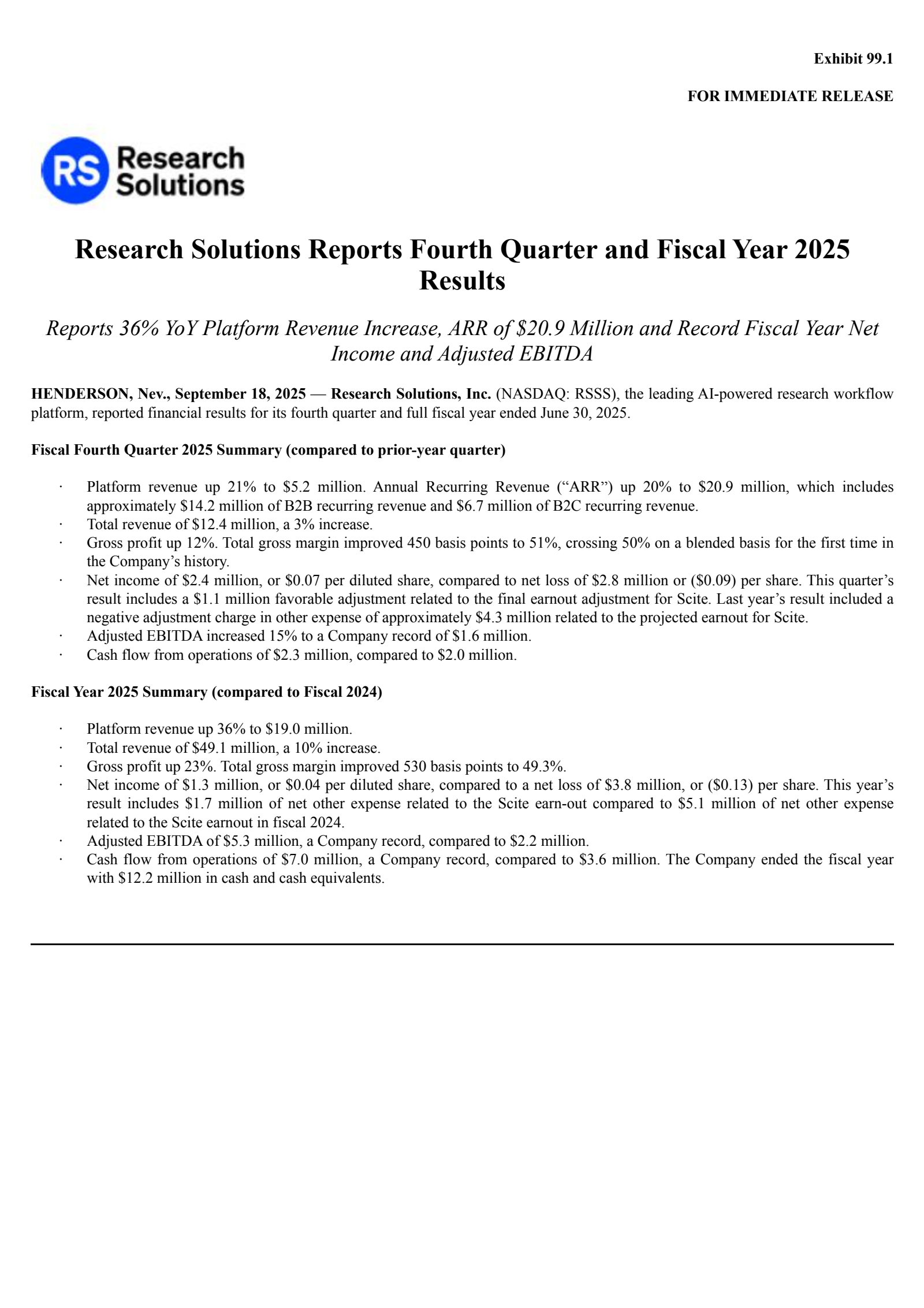 Research Solutions' Q4 2025 Earnings Release