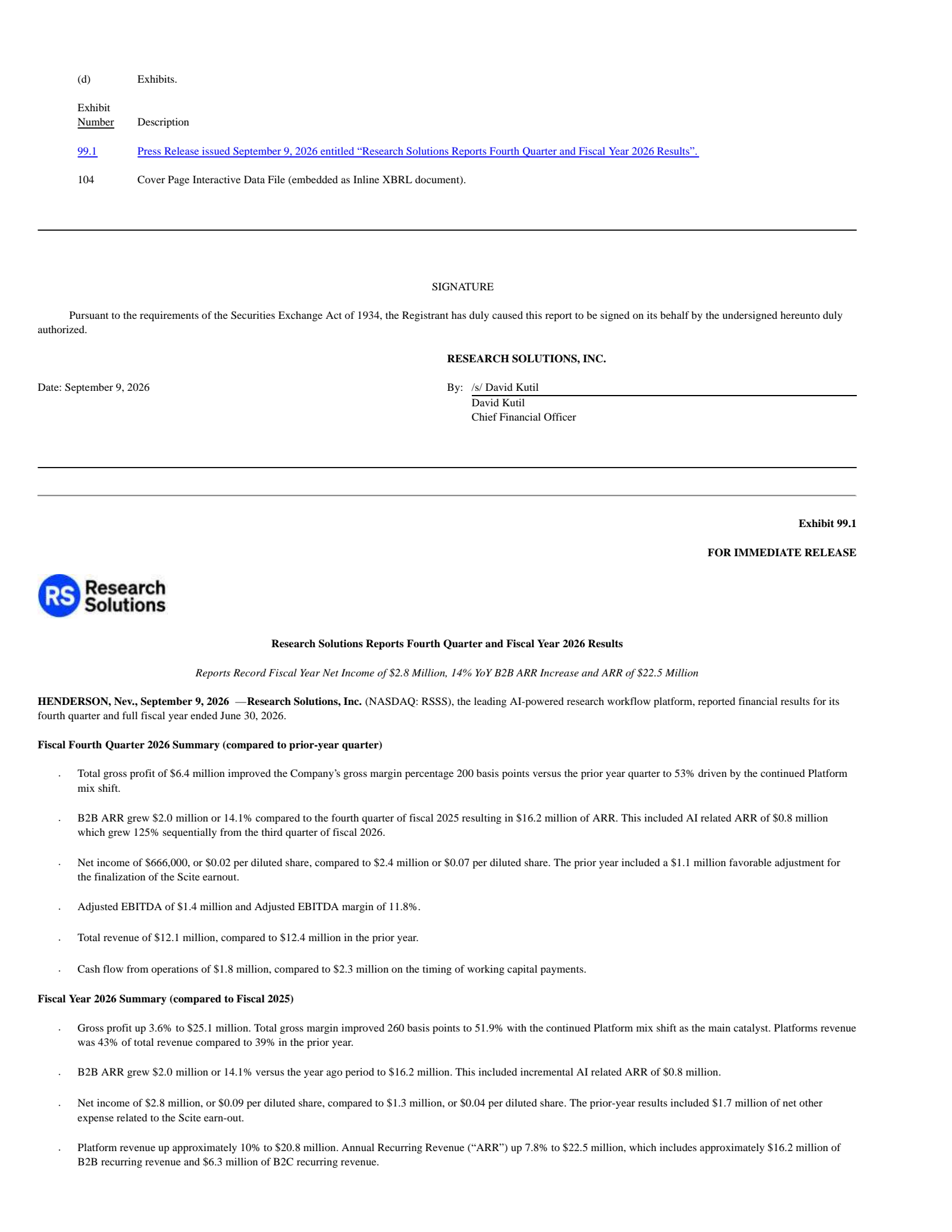Research Solutions' Q4 2026 Press Release