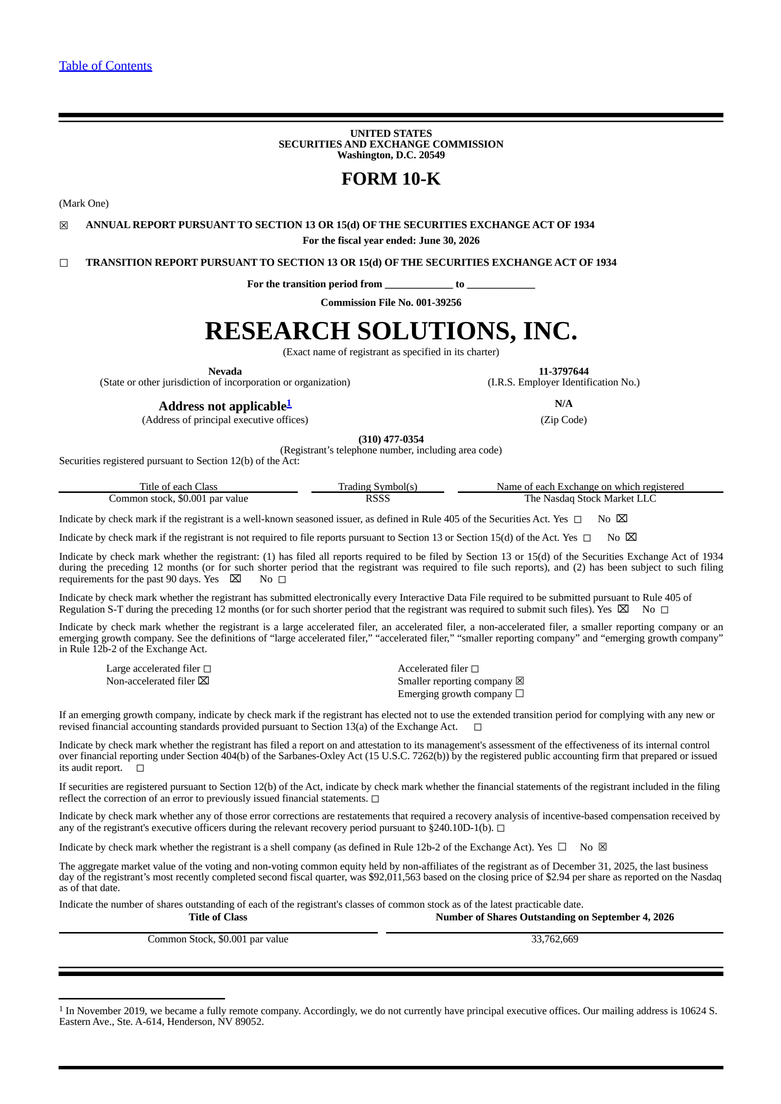 Research Solutions' Q4 2026 Annual report