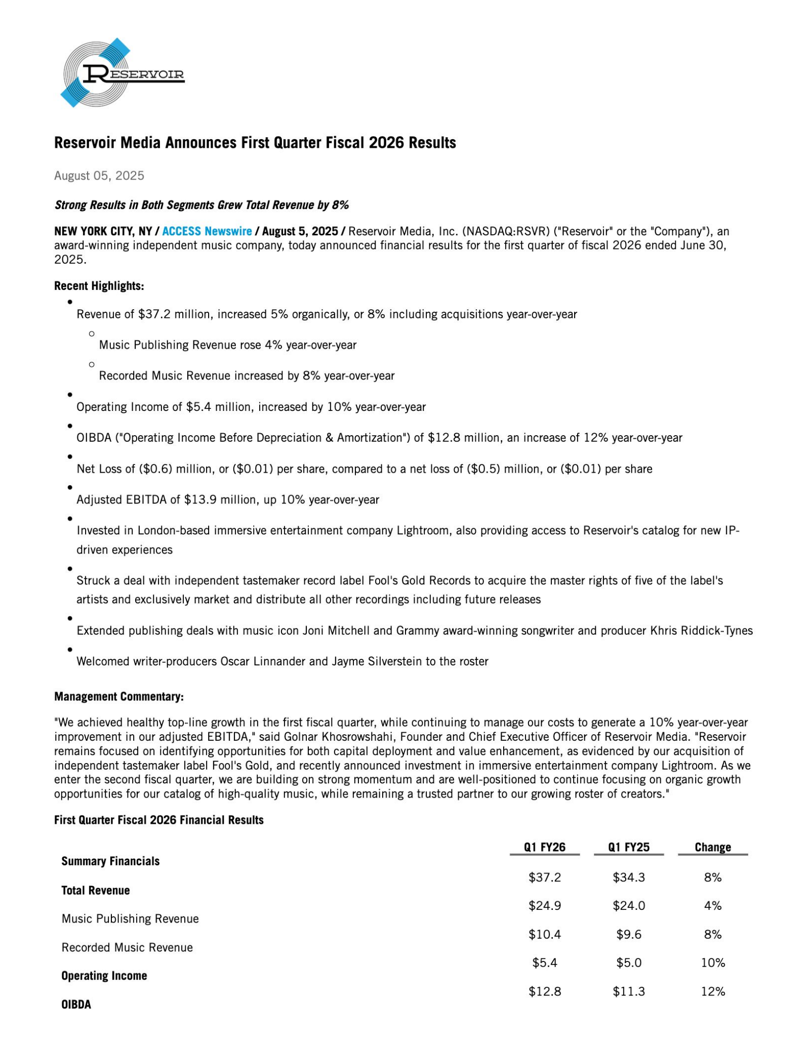 Reservoir Media's Q1 2026 Press Release
