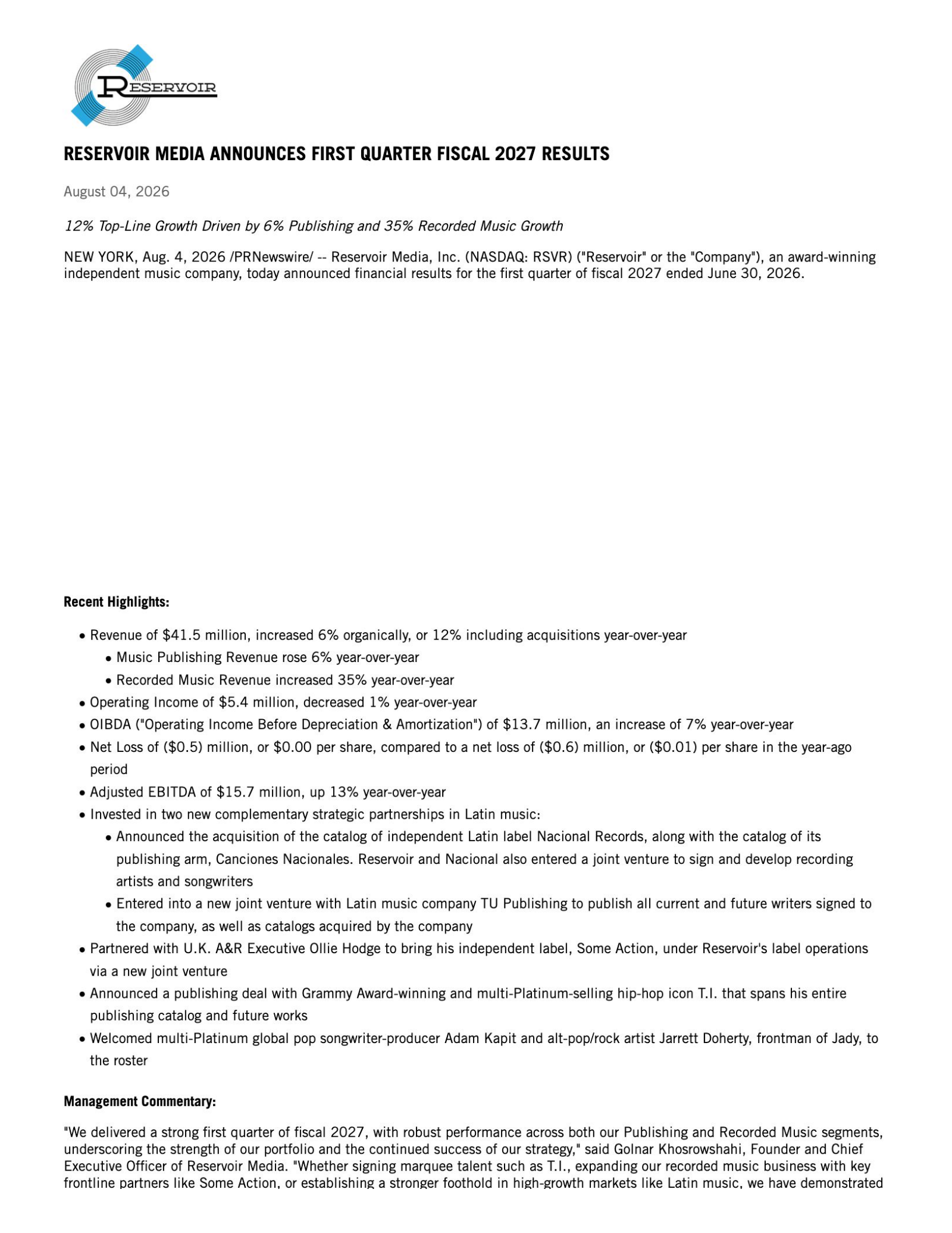 Reservoir Media's Q1 2027 Press Release
