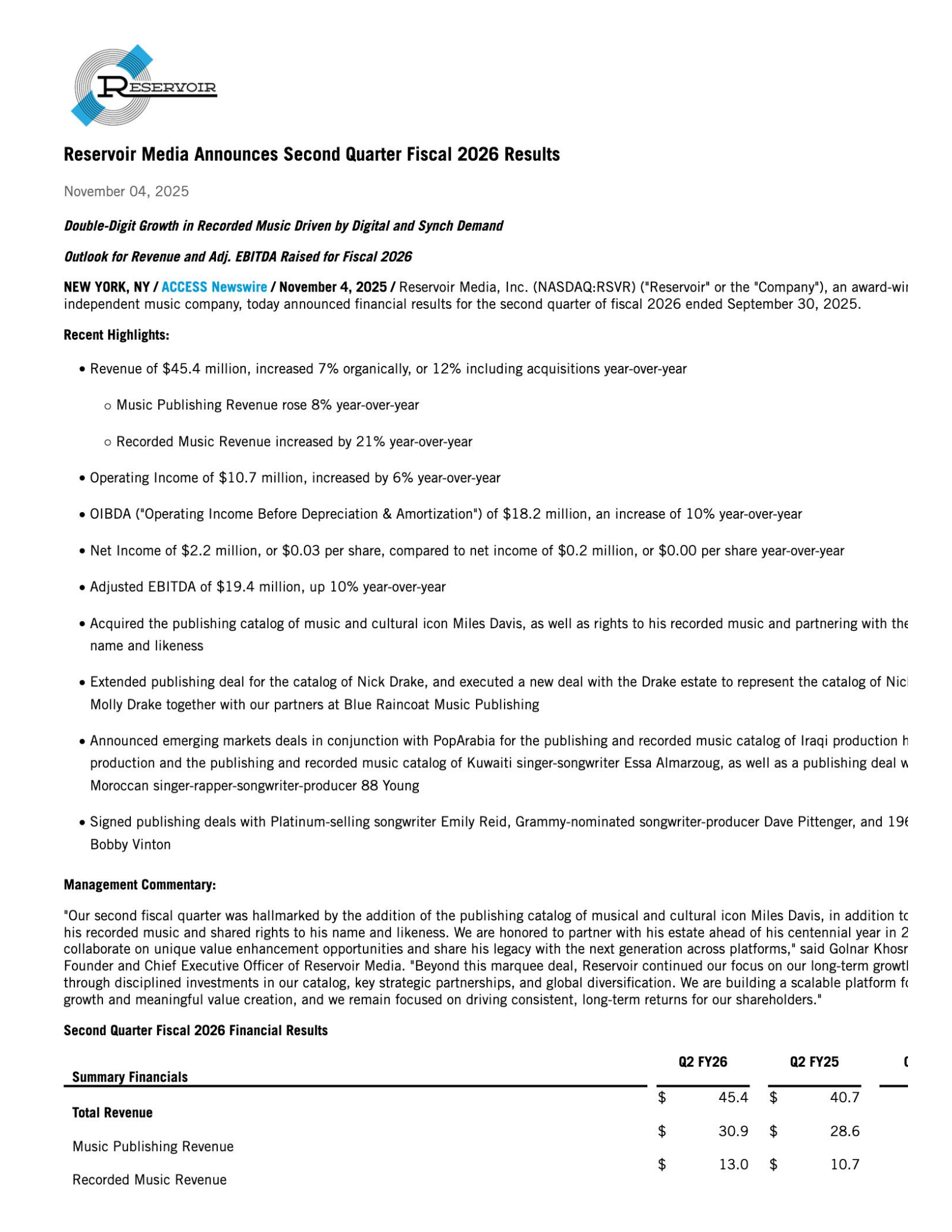 Reservoir Media's Q2 2026 Earnings Release