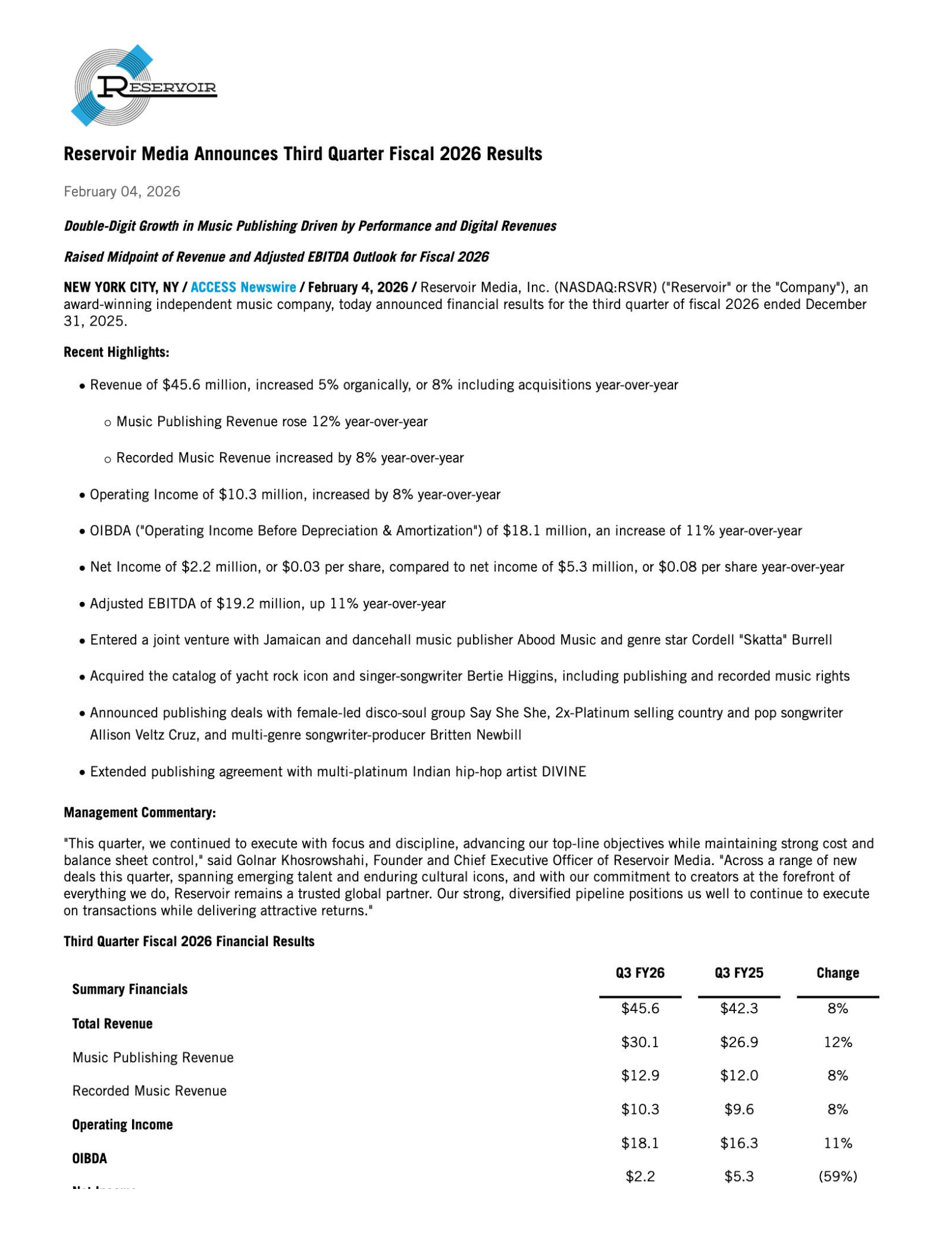 Reservoir Media's Q3 2026 Press Release