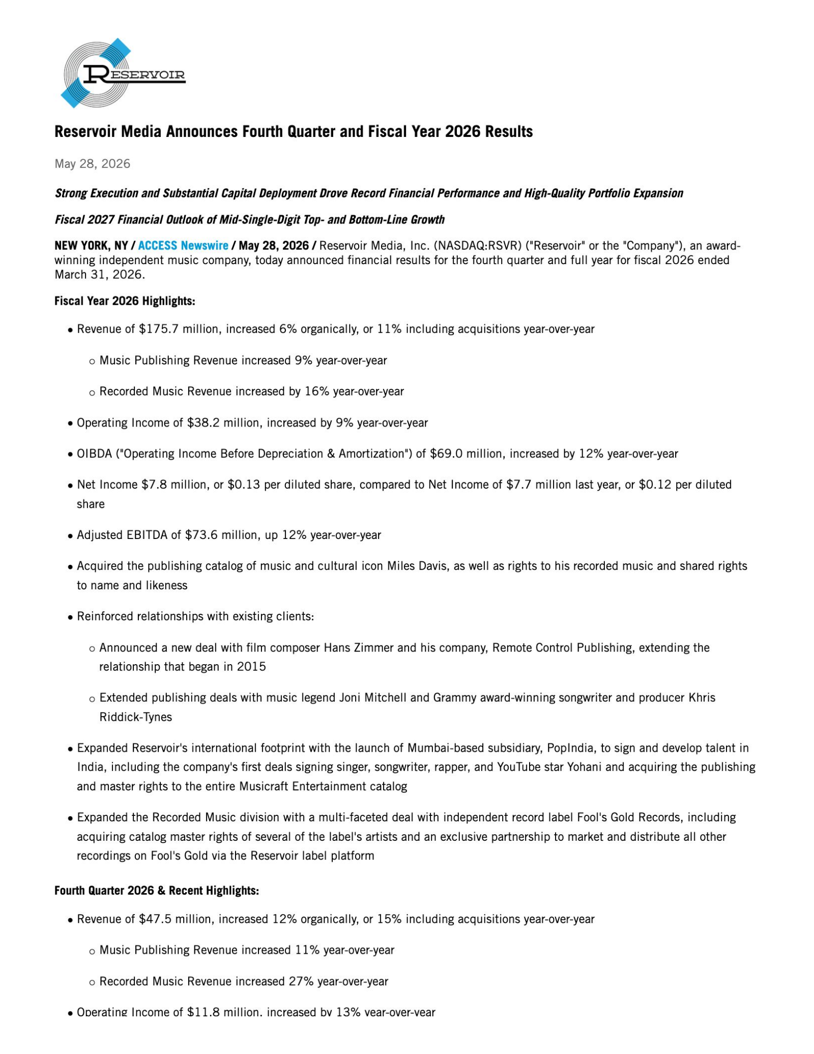 Reservoir Media's Q4 2026 Press Release