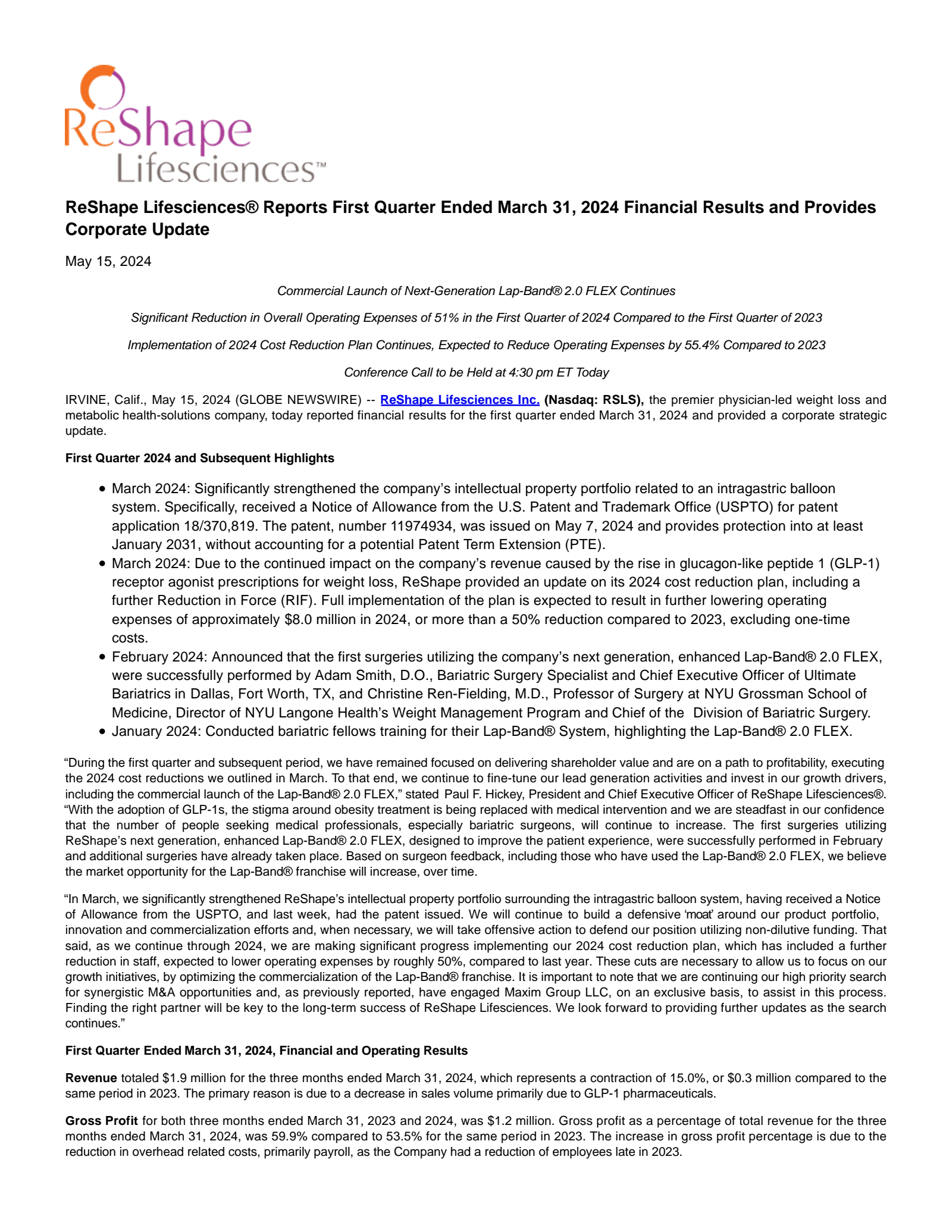 ReShape Lifesciences' Q1 2024 Press Release