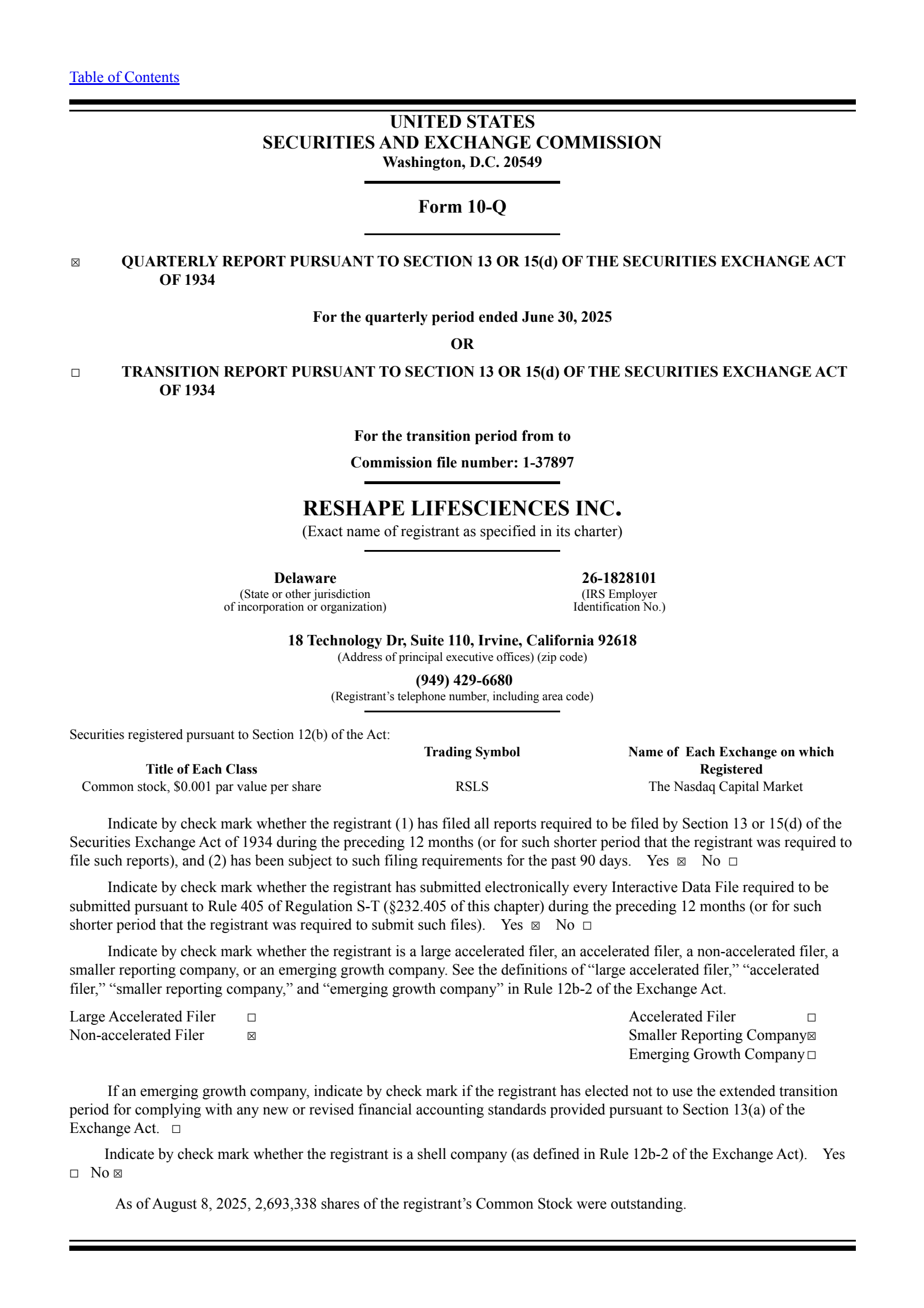 ReShape Lifesciences' Q2 2025 Quarterly report