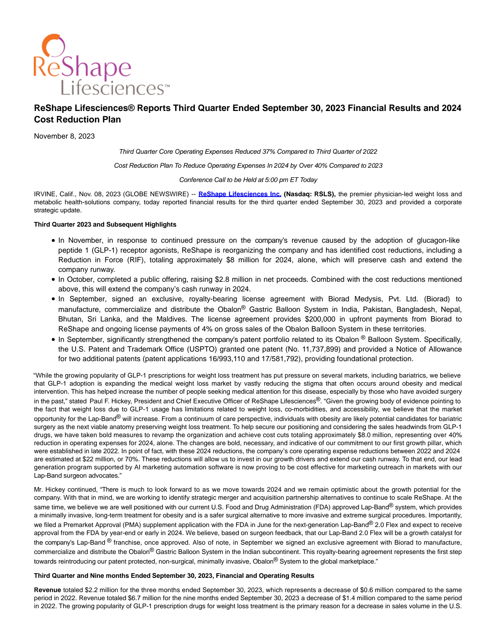 ReShape Lifesciences' Q3 2023 Press Release
