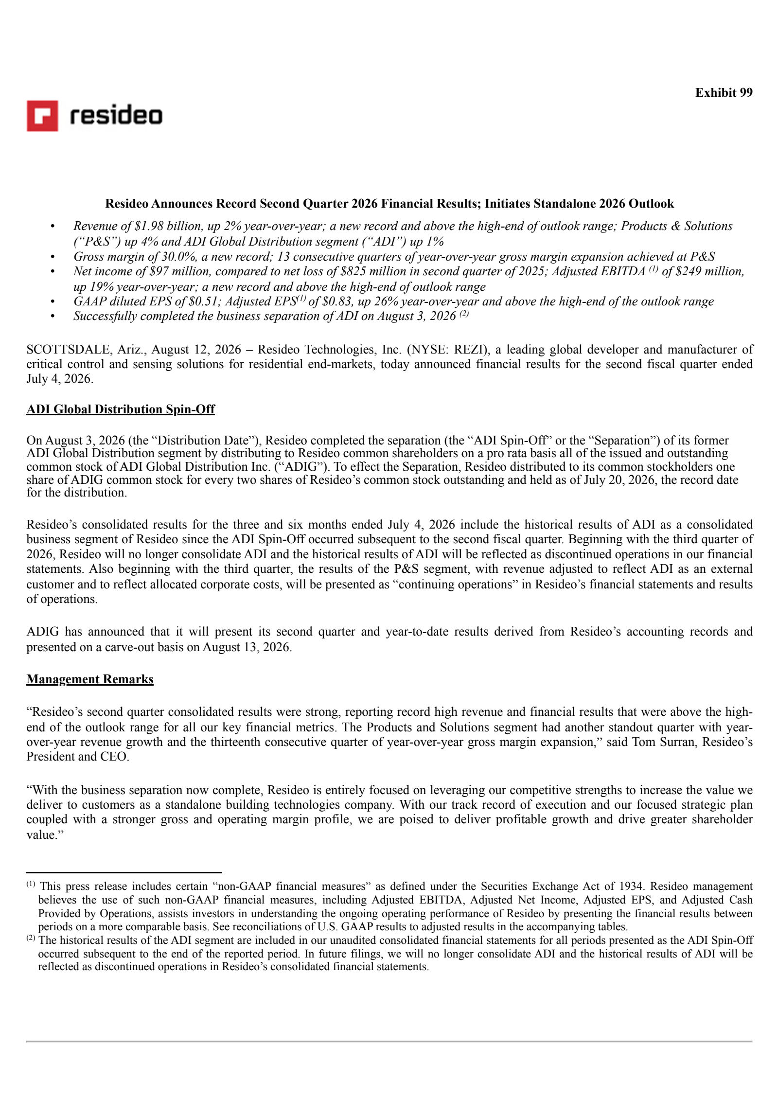 Resideo Technologies' Q2 2026 Press Release