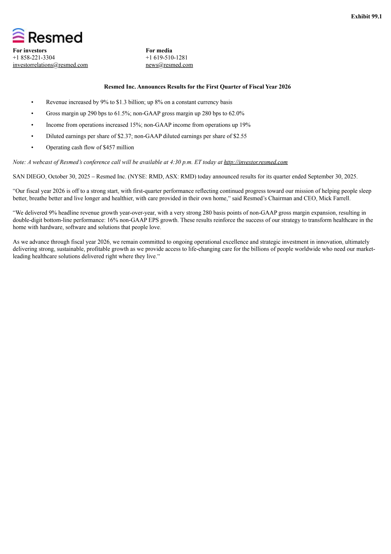 ResMed's Q1 2026 Earnings Release
