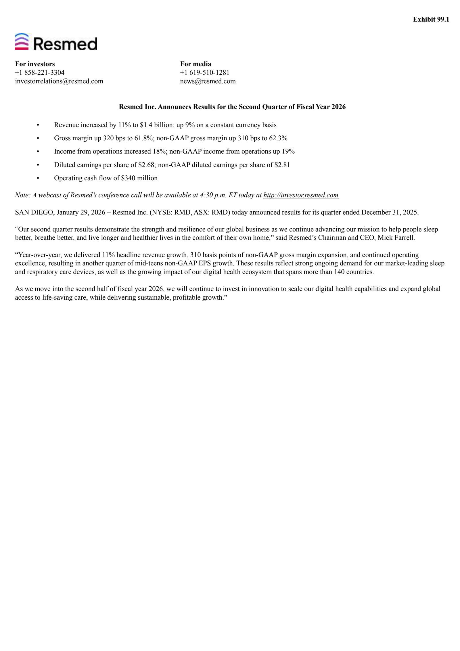 ResMed's Q2 2026 Press Release