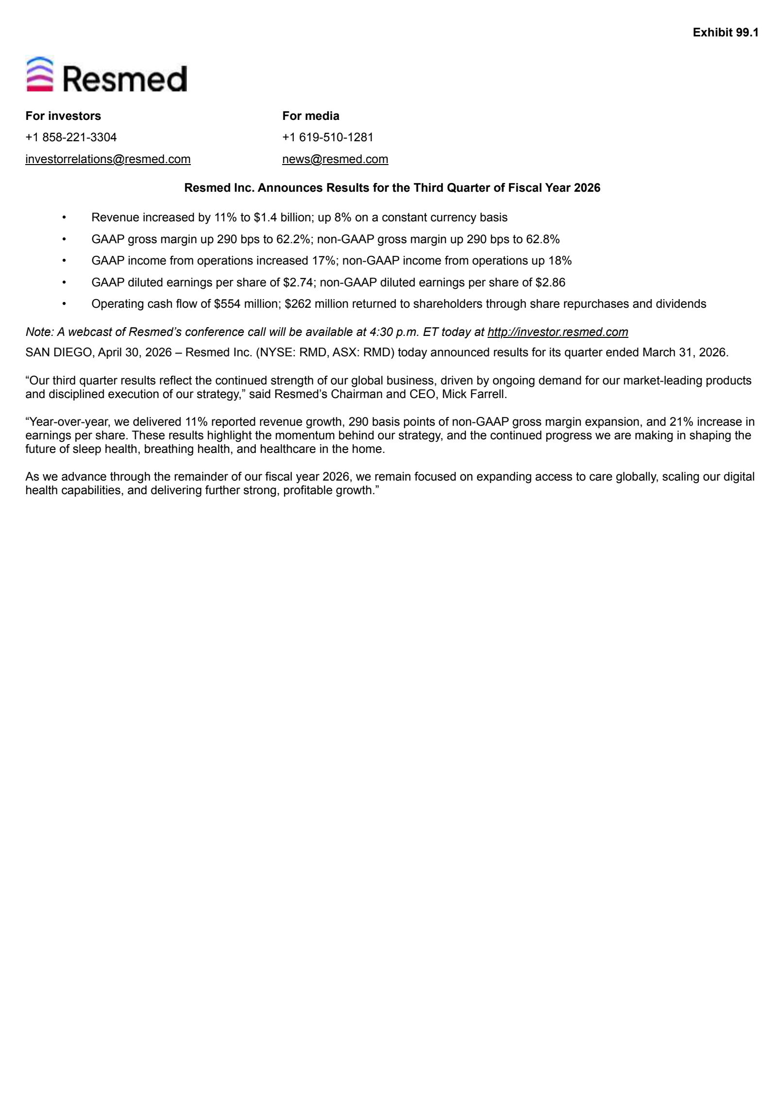 ResMed's Q3 2026 Press Release