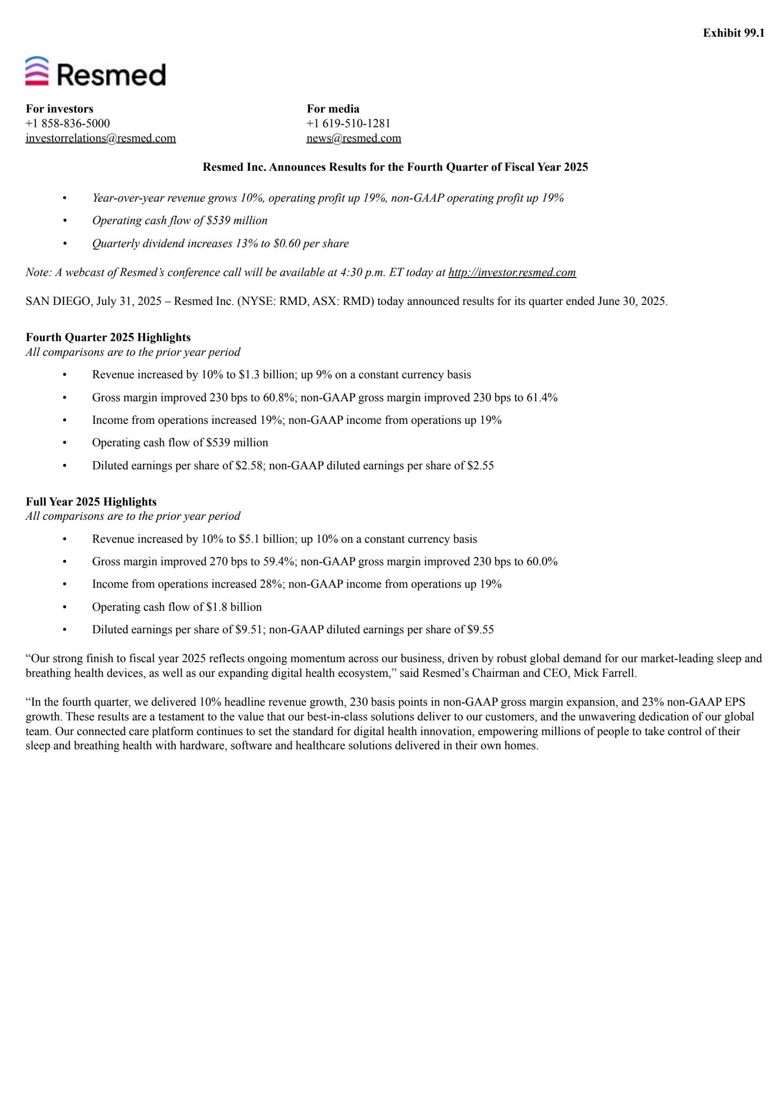 ResMed's Q4 2025 Press Release